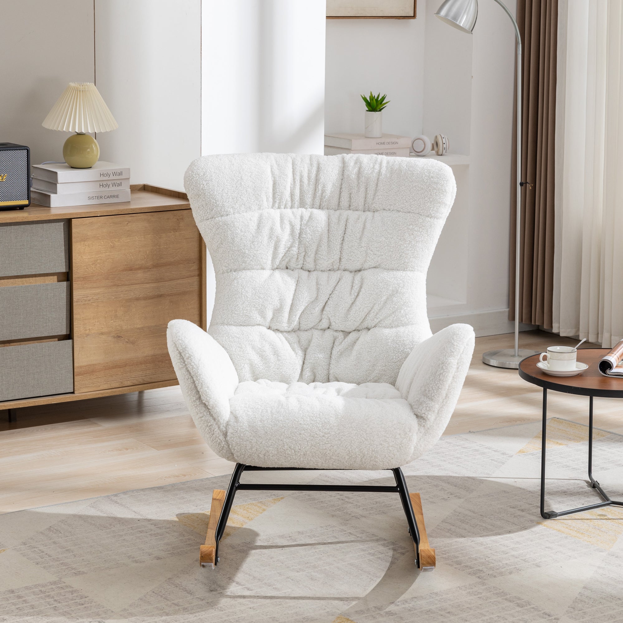 Modern Teddy Fabric Rocking Chair Accent Armchair with Wooden Legs- Ivory_4