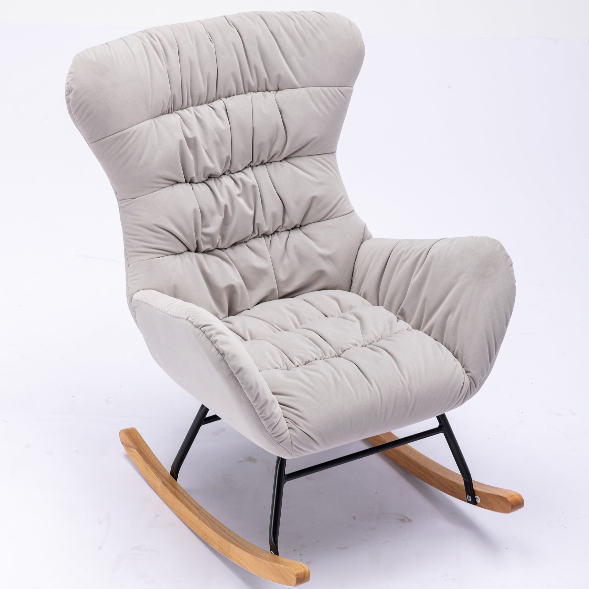 Modern Velvet Fabric Rocking Chair Accent Armchair with Wooden Legs- Gray_11