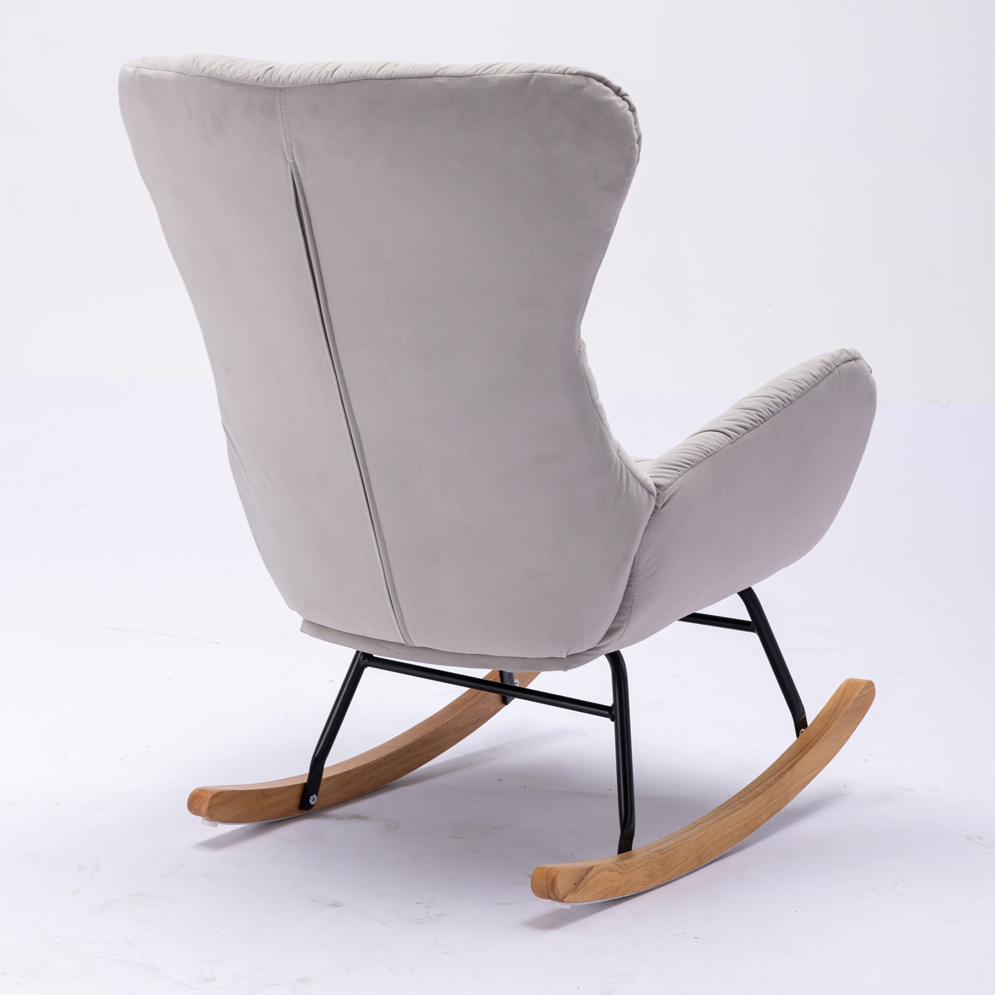 Modern Velvet Fabric Rocking Chair Accent Armchair with Wooden Legs- Gray_12
