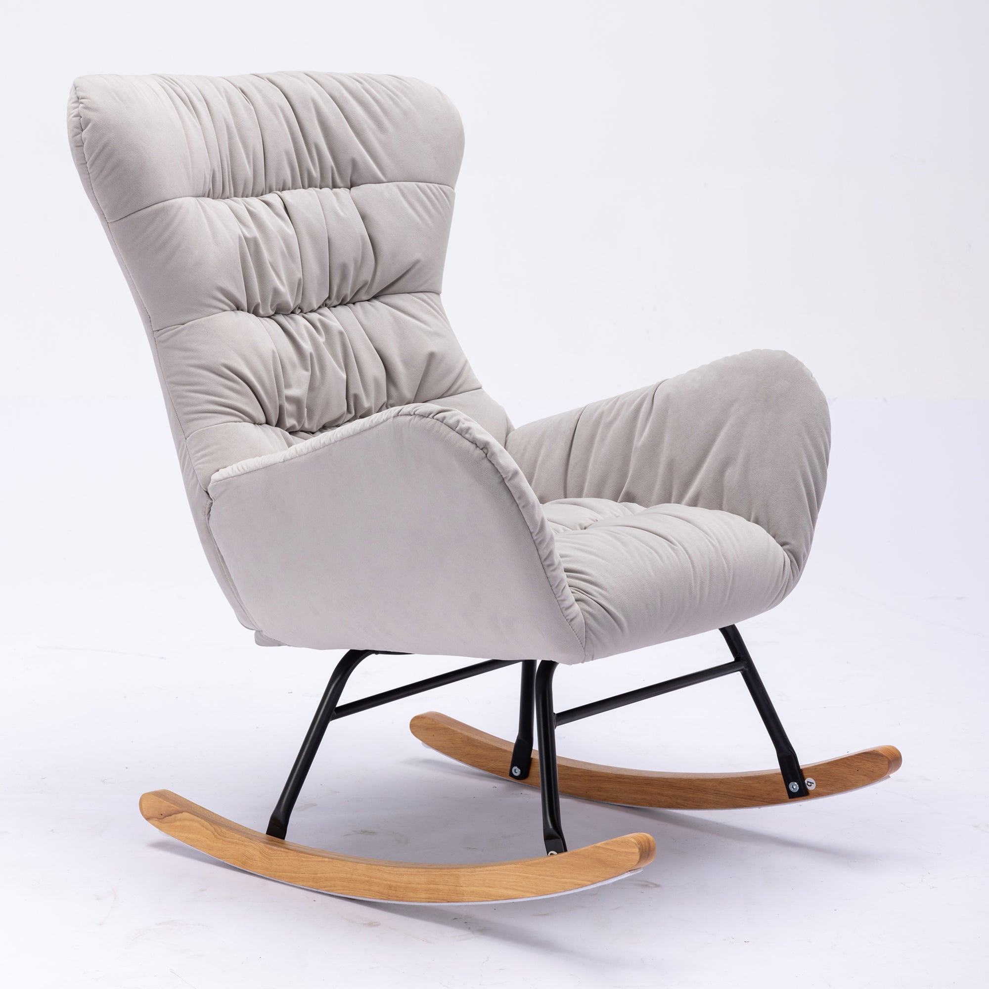 Modern Velvet Fabric Rocking Chair Accent Armchair with Wooden Legs- Gray_13