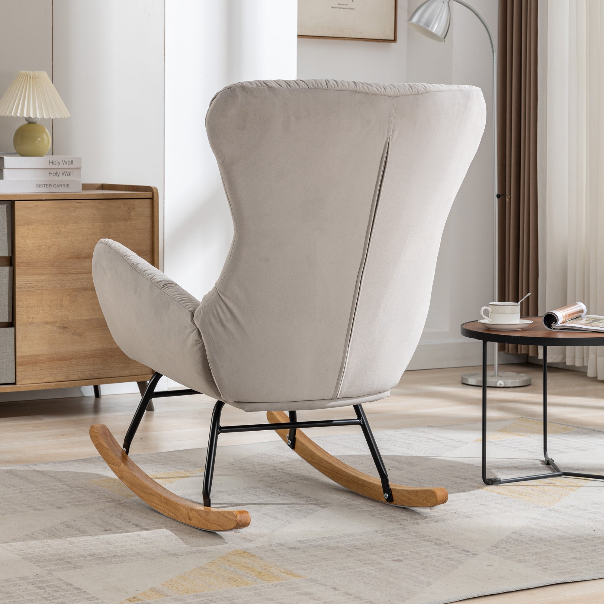 Modern Velvet Fabric Rocking Chair Accent Armchair with Wooden Legs- Gray_14