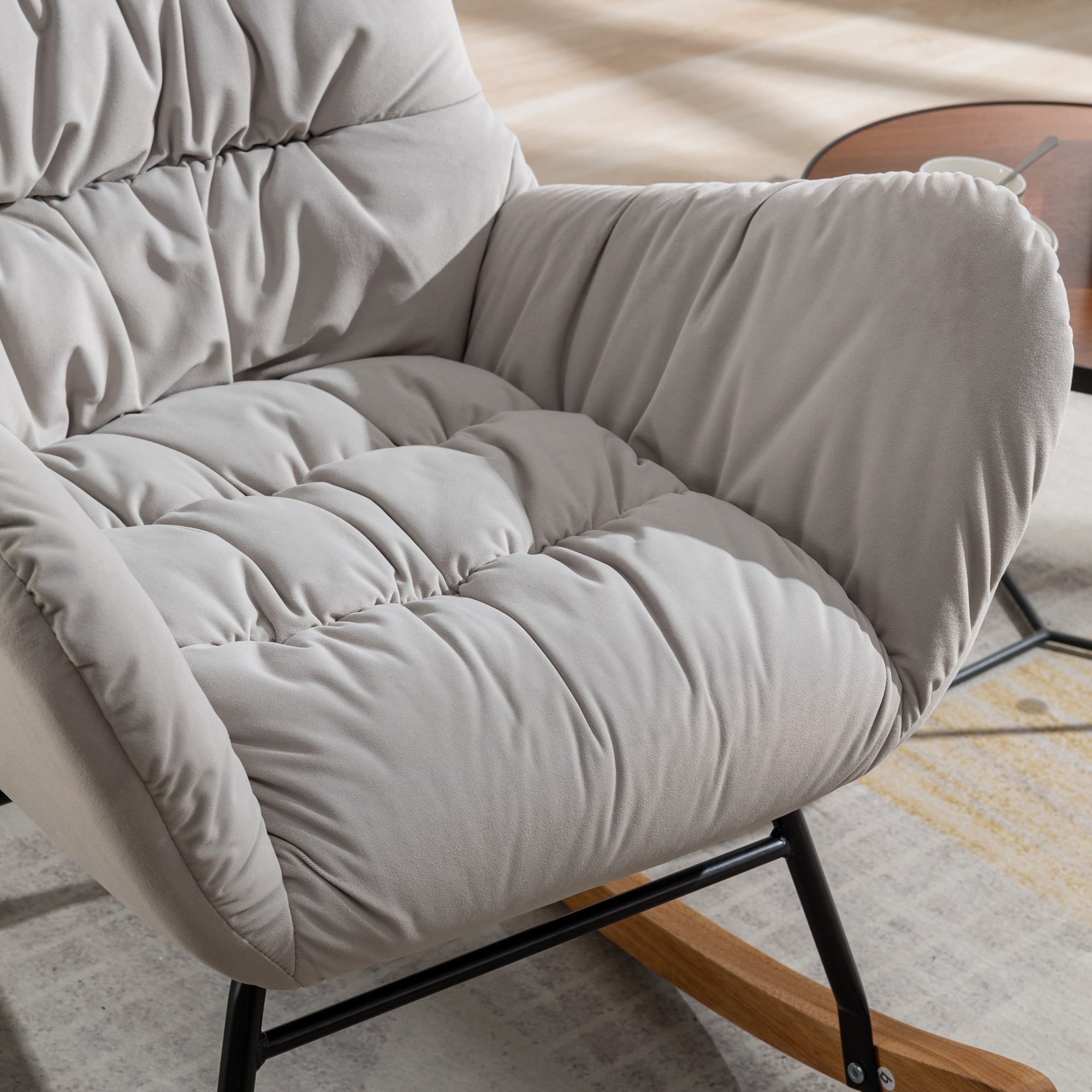 Modern Velvet Fabric Rocking Chair Accent Armchair with Wooden Legs- Gray_15