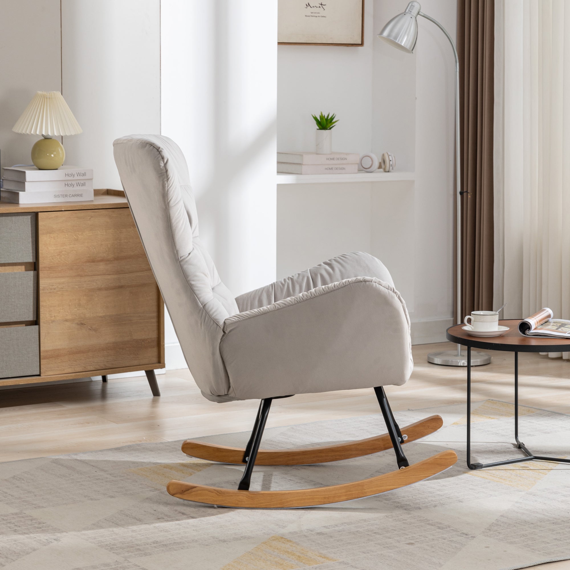 Modern Velvet Fabric Rocking Chair Accent Armchair with Wooden Legs- Gray_17