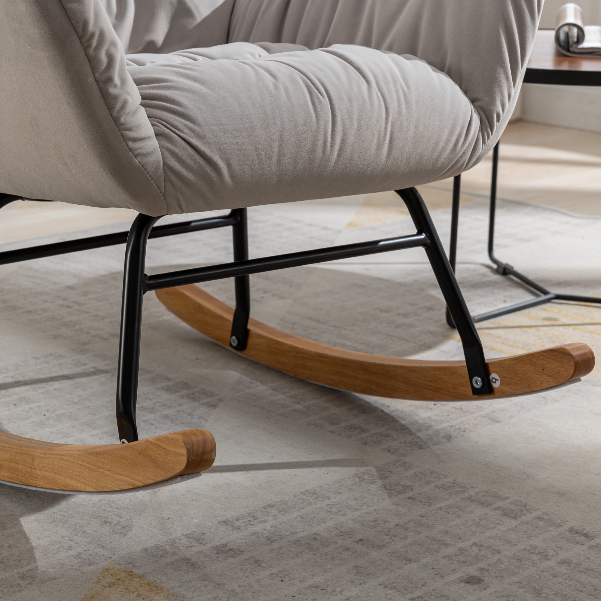 Modern Velvet Fabric Rocking Chair Accent Armchair with Wooden Legs- Gray_18