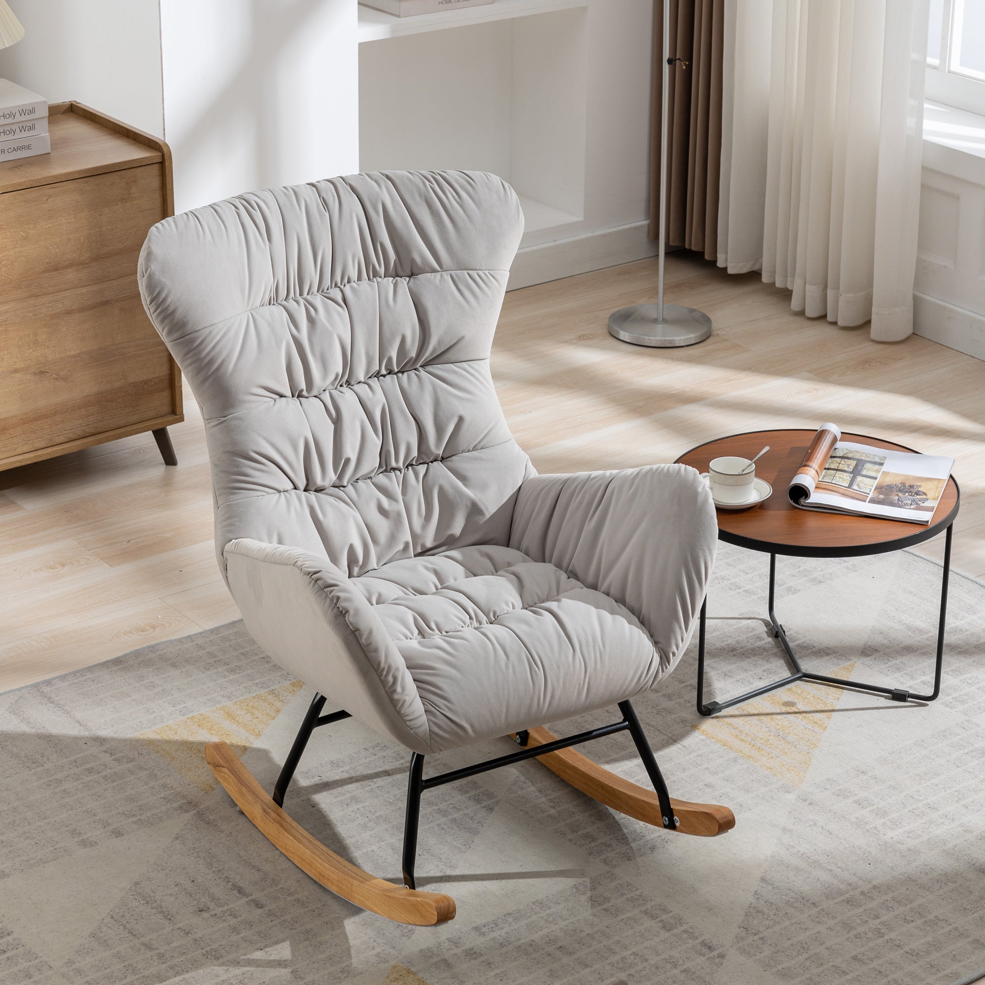 Modern Velvet Fabric Rocking Chair Accent Armchair with Wooden Legs- Gray_20