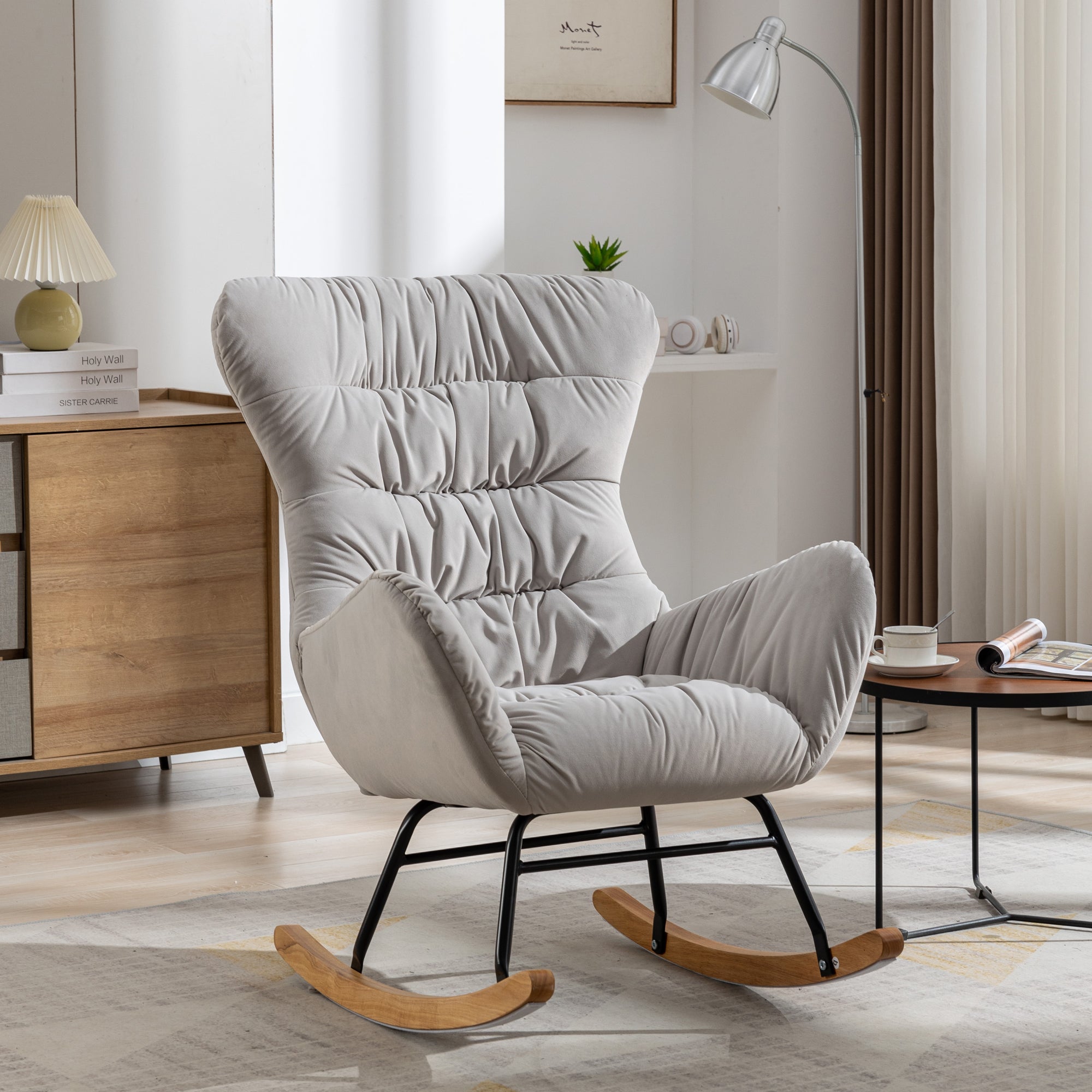 Modern Velvet Fabric Rocking Chair Accent Armchair with Wooden Legs- Gray_21