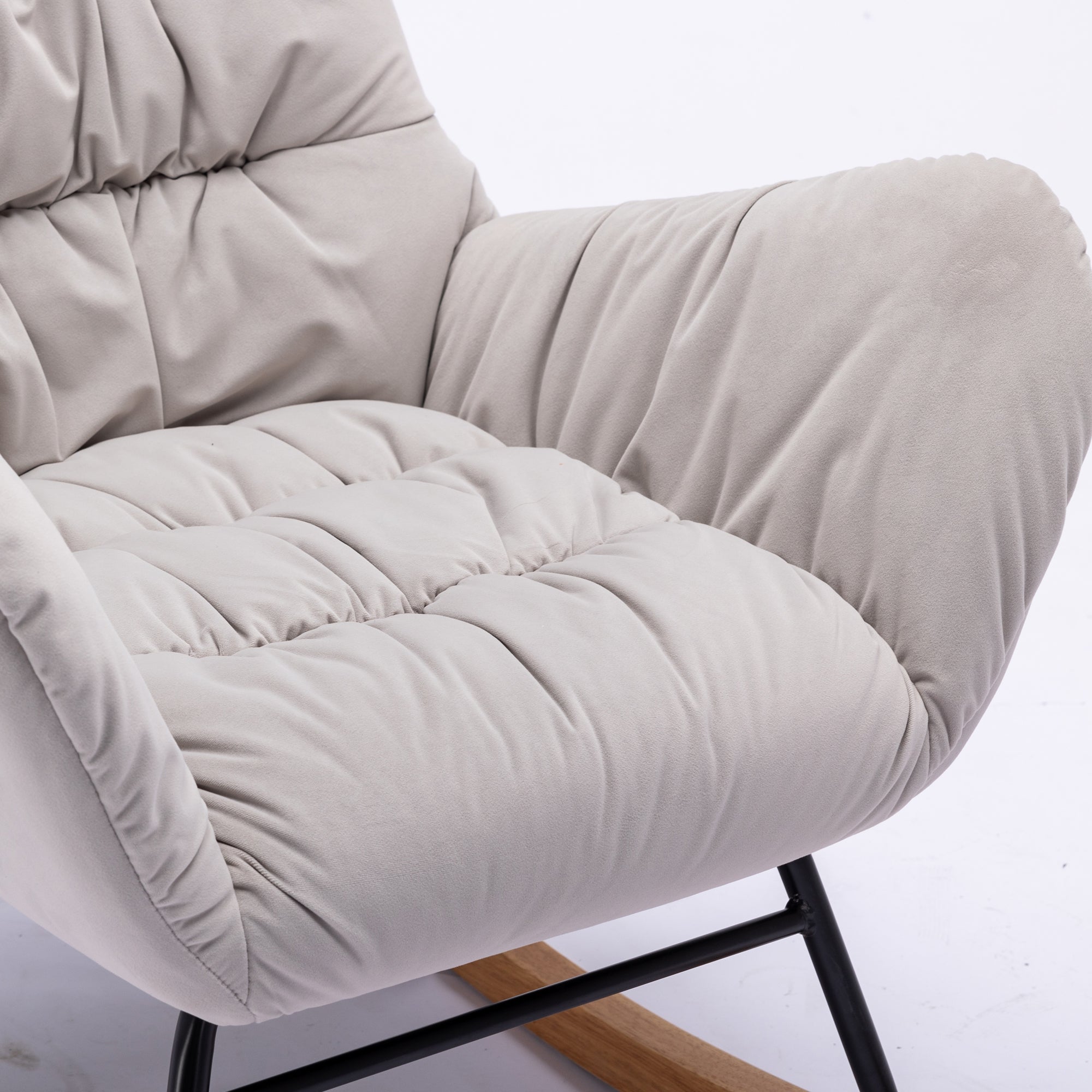 Modern Velvet Fabric Rocking Chair Accent Armchair with Wooden Legs- Gray_7