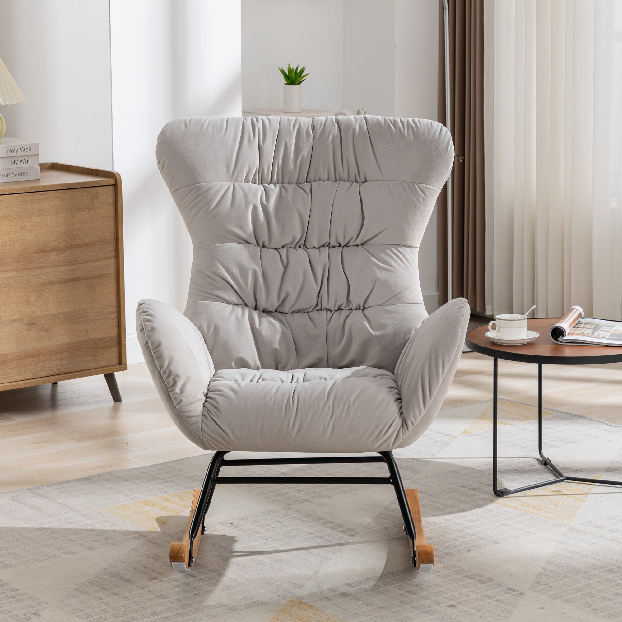 Modern Velvet Fabric Rocking Chair Accent Armchair with Wooden Legs- Gray_8
