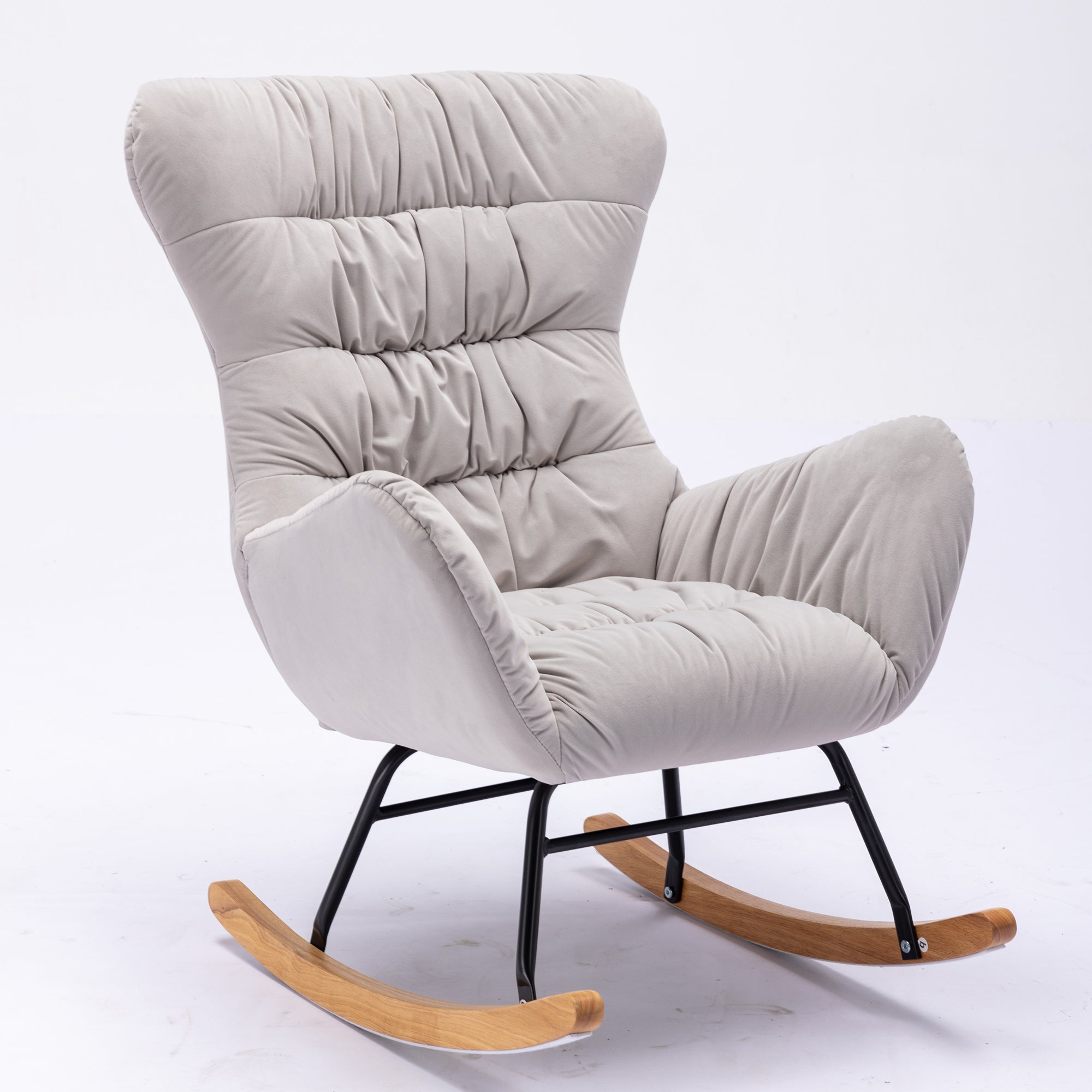 Modern Velvet Fabric Rocking Chair Accent Armchair with Wooden Legs- Gray_10