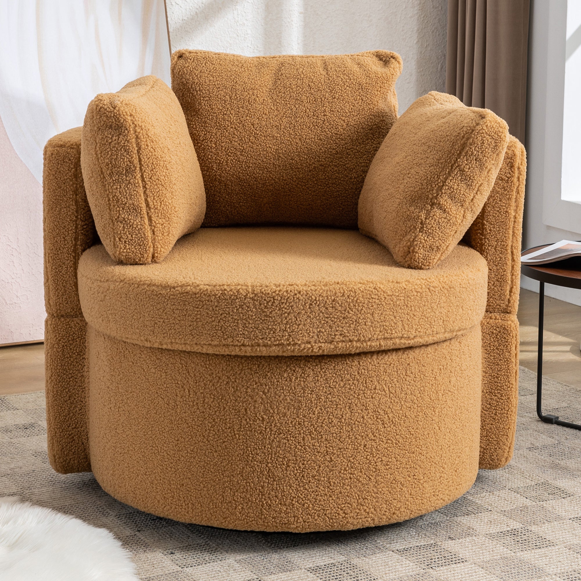 Modern Teddy Fabric Swivel and Storage Lounge Chair with Pillow Set- Brown_2