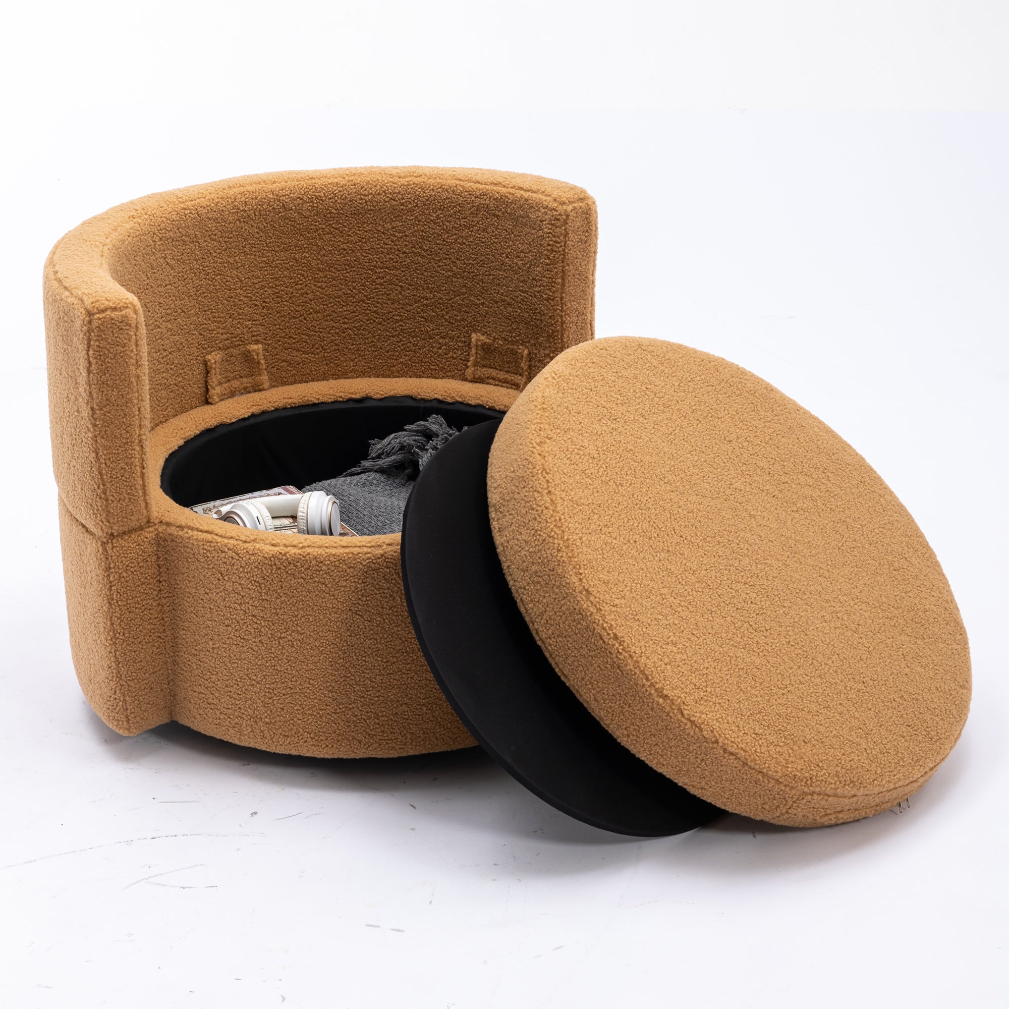 Modern Teddy Fabric Swivel and Storage Lounge Chair with Pillow Set- Brown_14