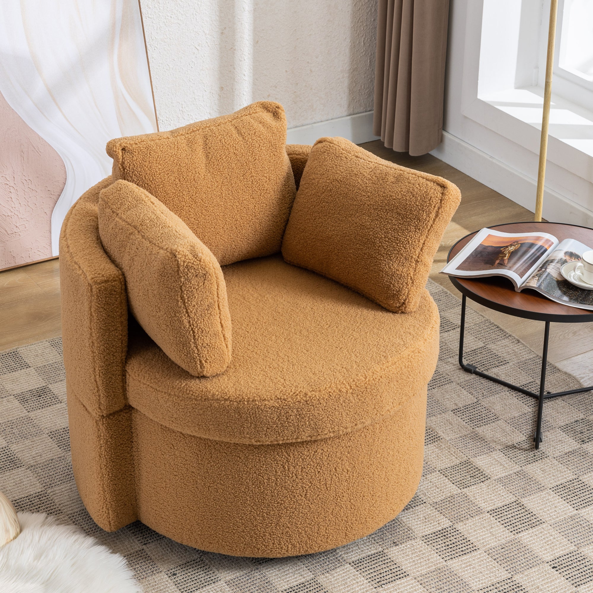Modern Teddy Fabric Swivel and Storage Lounge Chair with Pillow Set- Brown_4