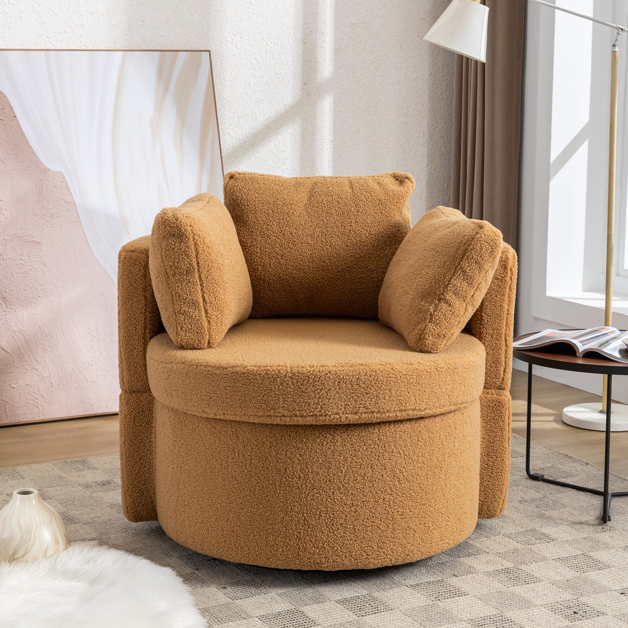 Modern Teddy Fabric Swivel and Storage Lounge Chair with Pillow Set- Brown_5