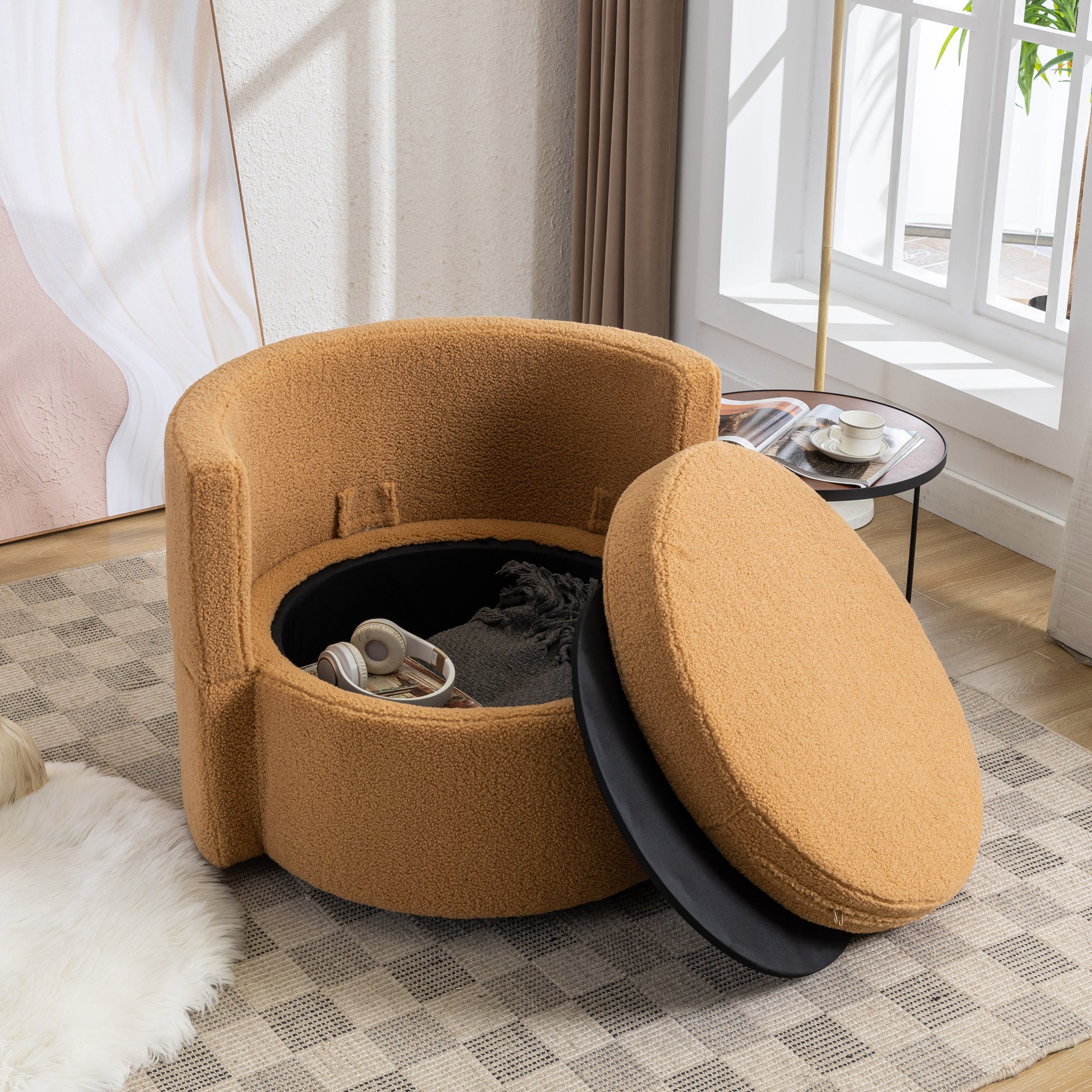 Modern Teddy Fabric Swivel and Storage Lounge Chair with Pillow Set- Brown_6