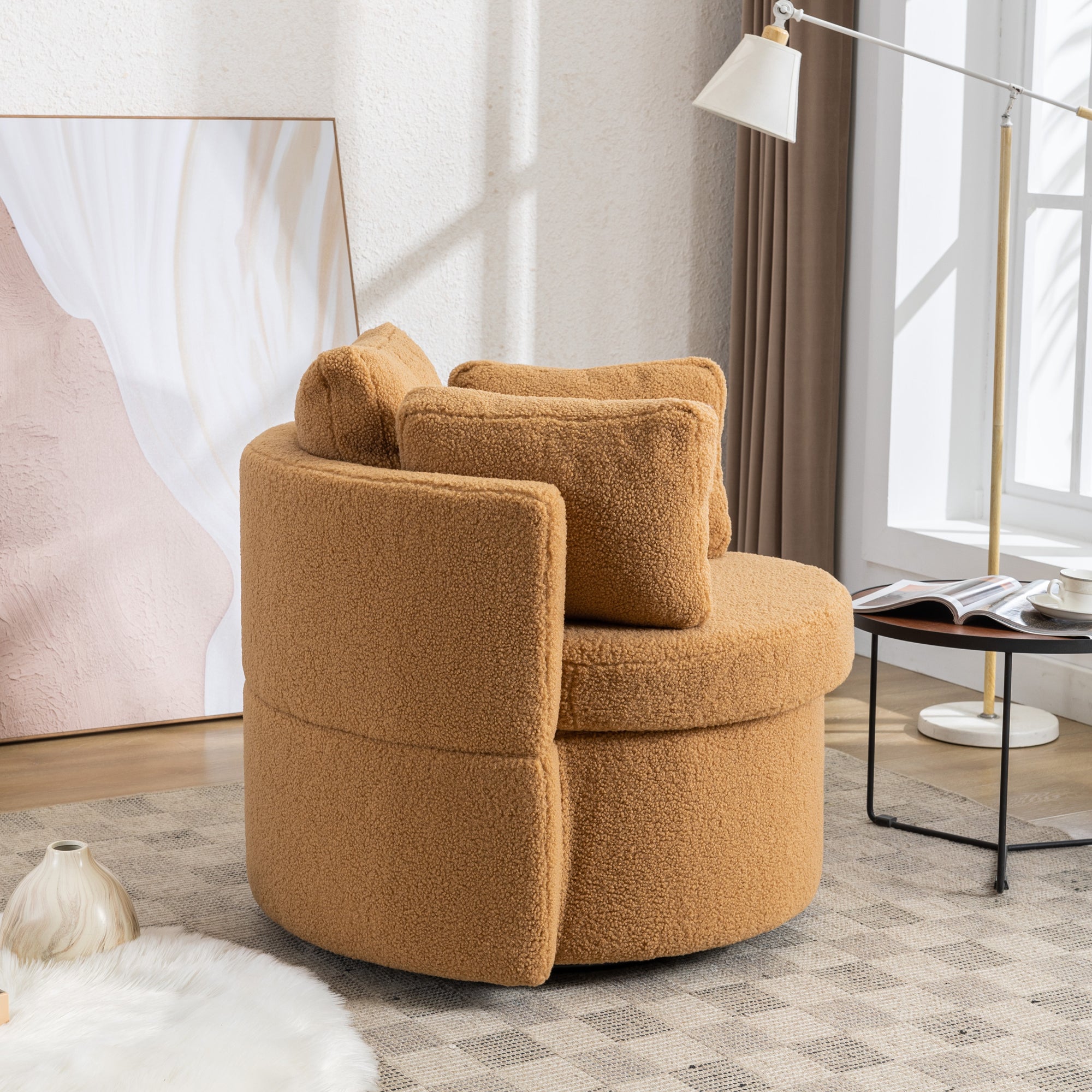 Modern Teddy Fabric Swivel and Storage Lounge Chair with Pillow Set- Brown_7