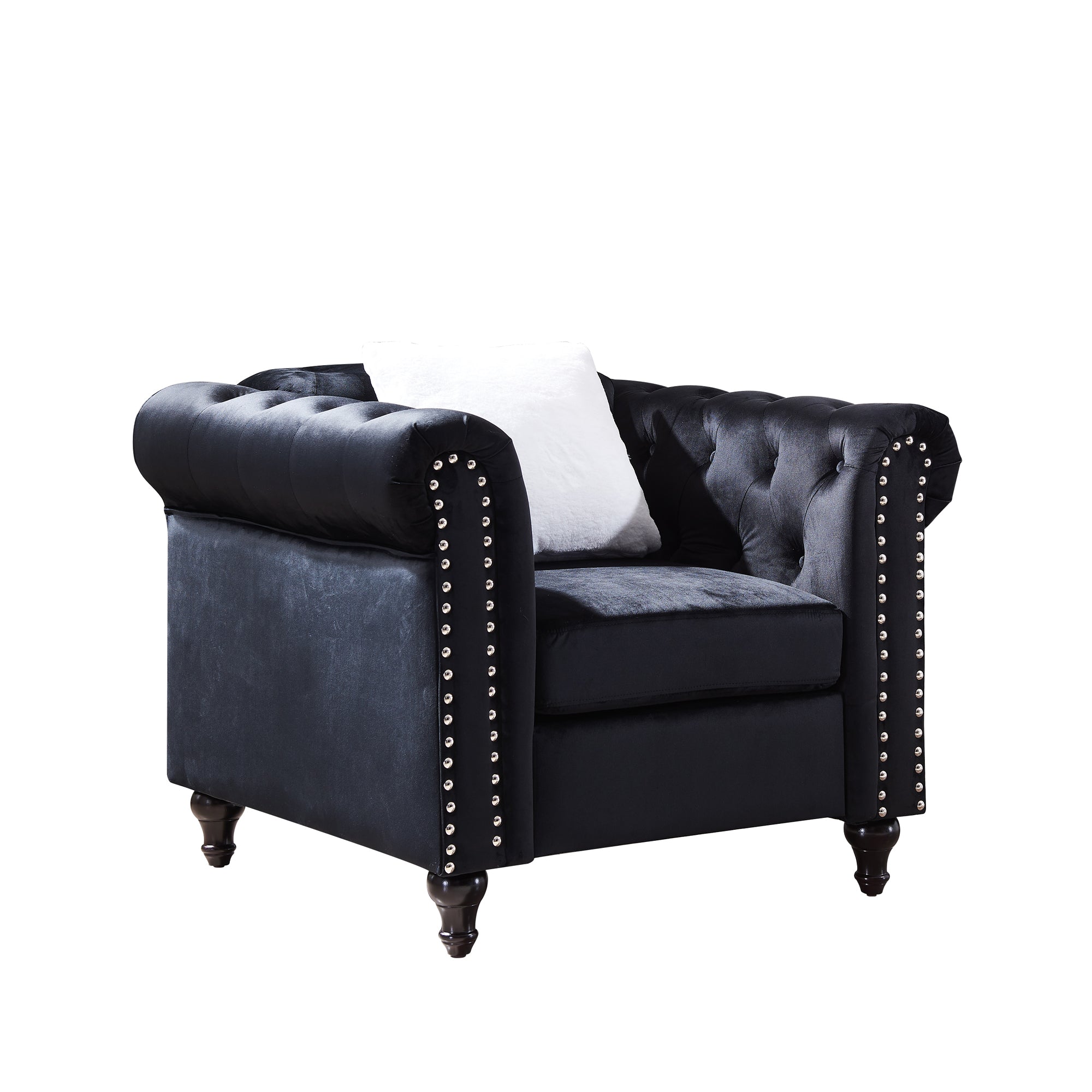 Contemporary Style Sofa Chair with Button and Copper Nail Details with Pillow- Black_2