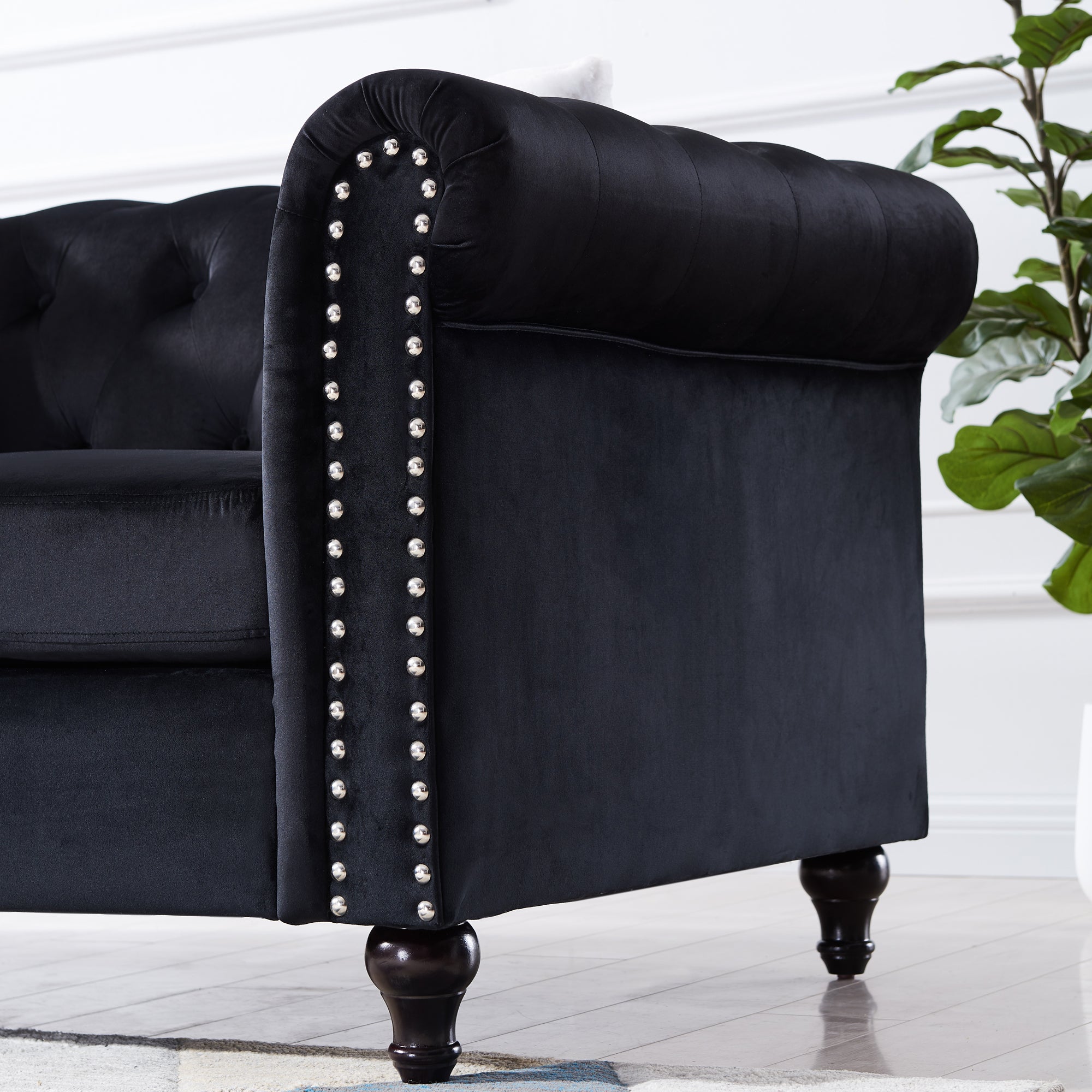 Contemporary Style Sofa Chair with Button and Copper Nail Details with Pillow- Black_5