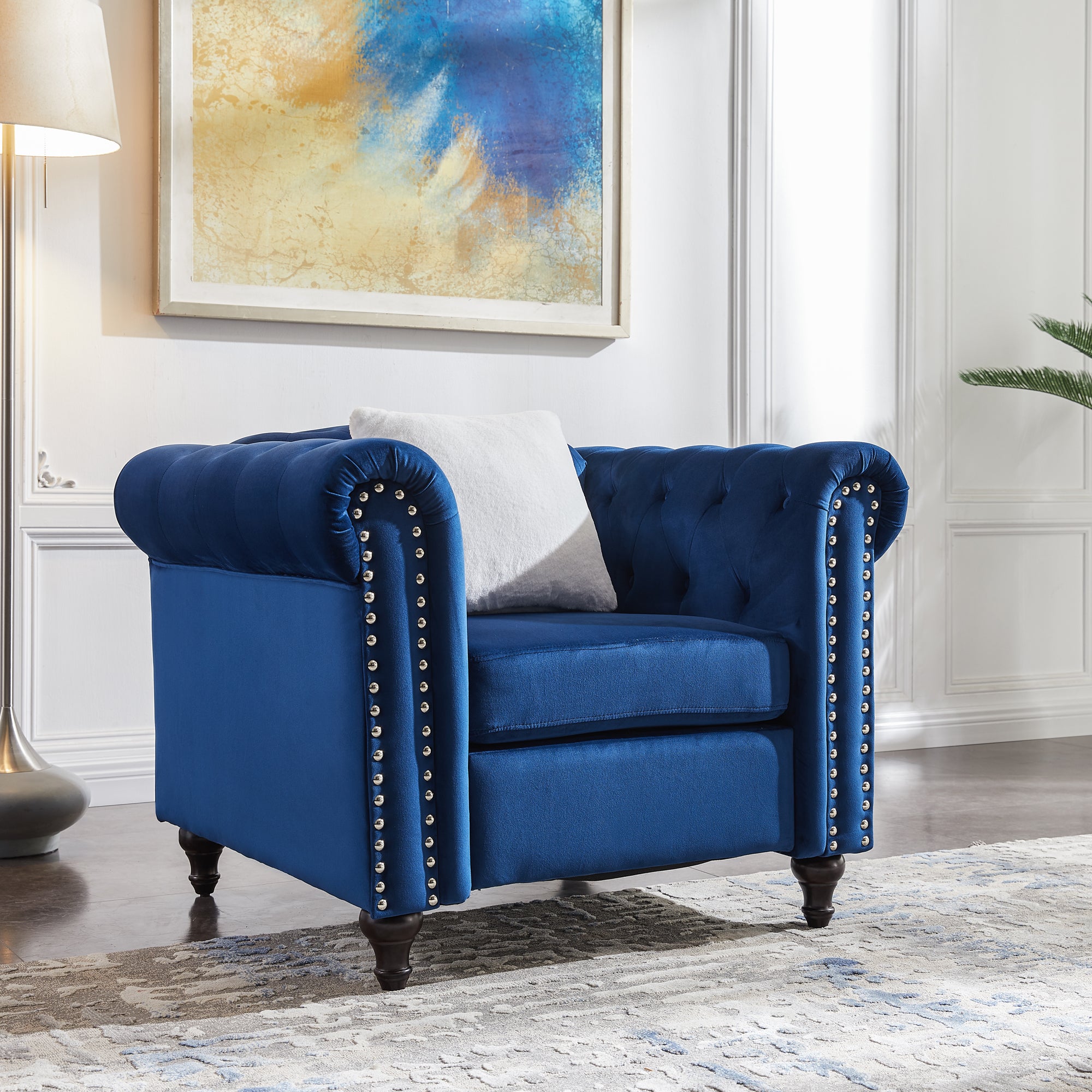 Contemporary Style Sofa Chair with Button and Copper Nail Details with Pillow- Blue_2