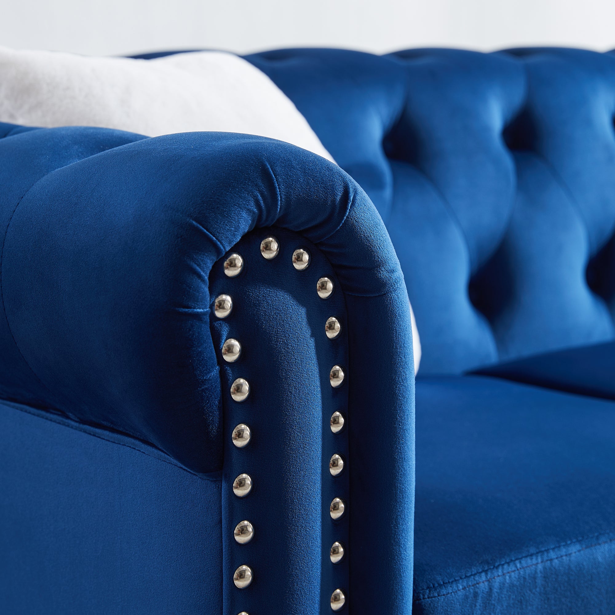Contemporary Style Sofa Chair with Button and Copper Nail Details with Pillow- Blue_3
