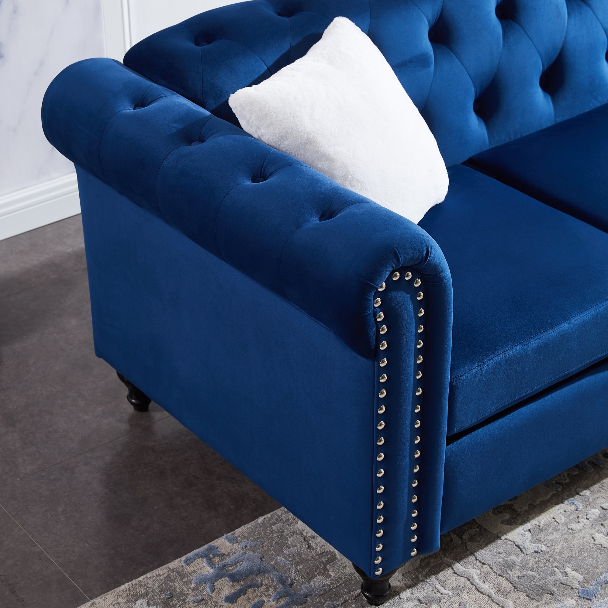 Contemporary Style Sofa Chair with Button and Copper Nail Details with Pillow- Blue_5