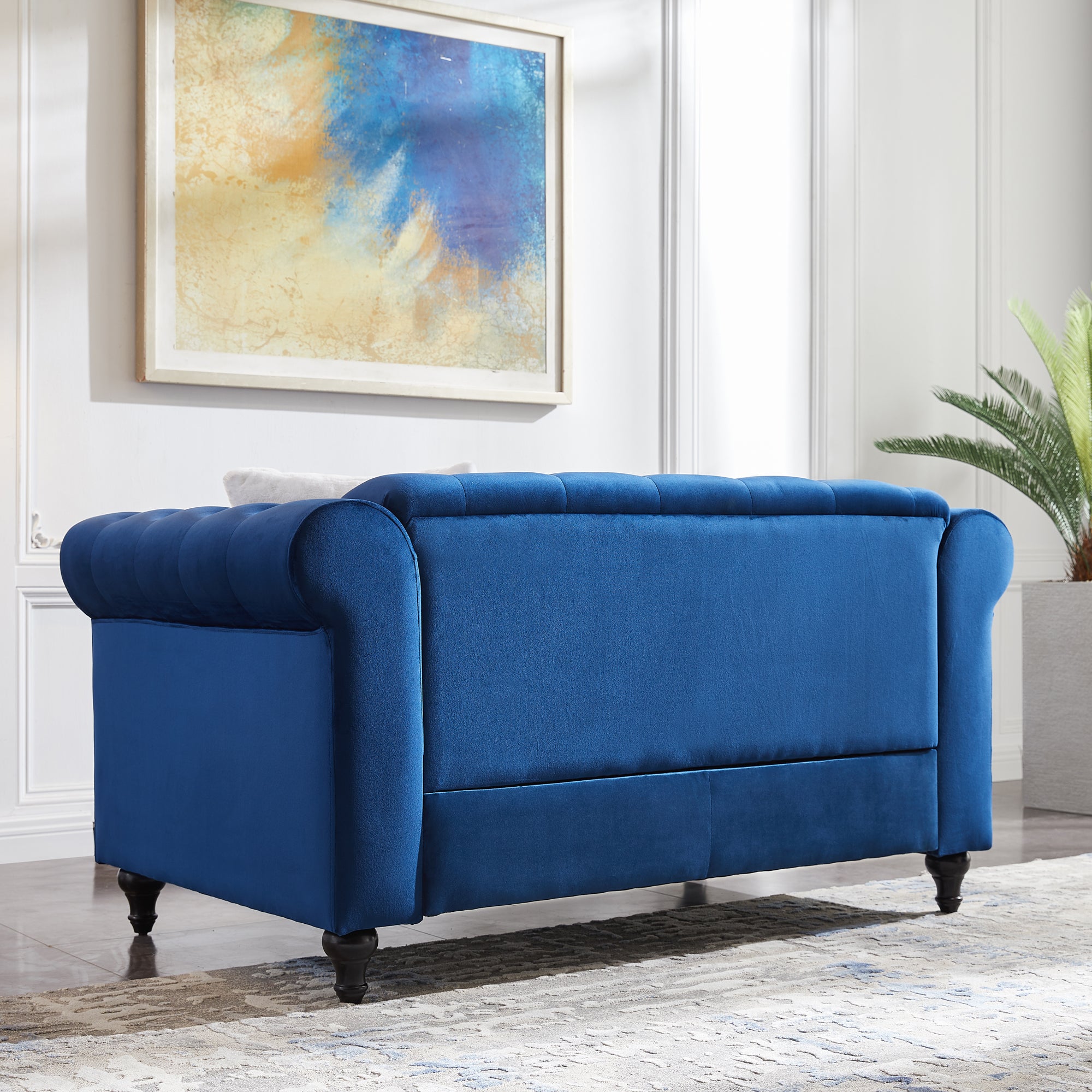 Contemporary Style Sofa Chair with Button and Copper Nail Details with Pillow- Blue_6