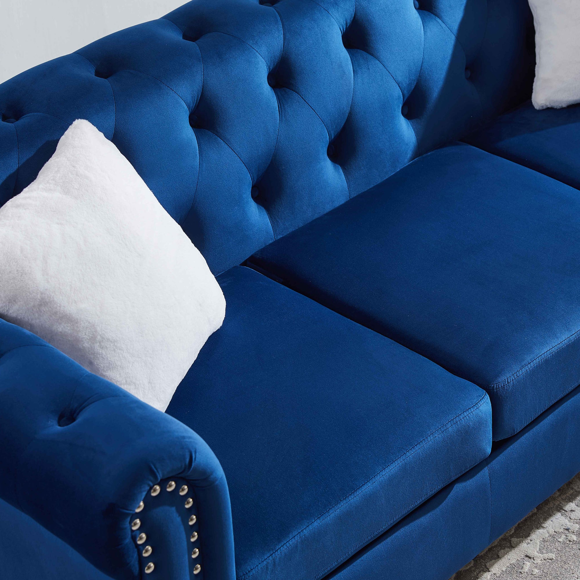 Contemporary Style Sofa Chair with Button and Copper Nail Details with Pillow- Blue_7