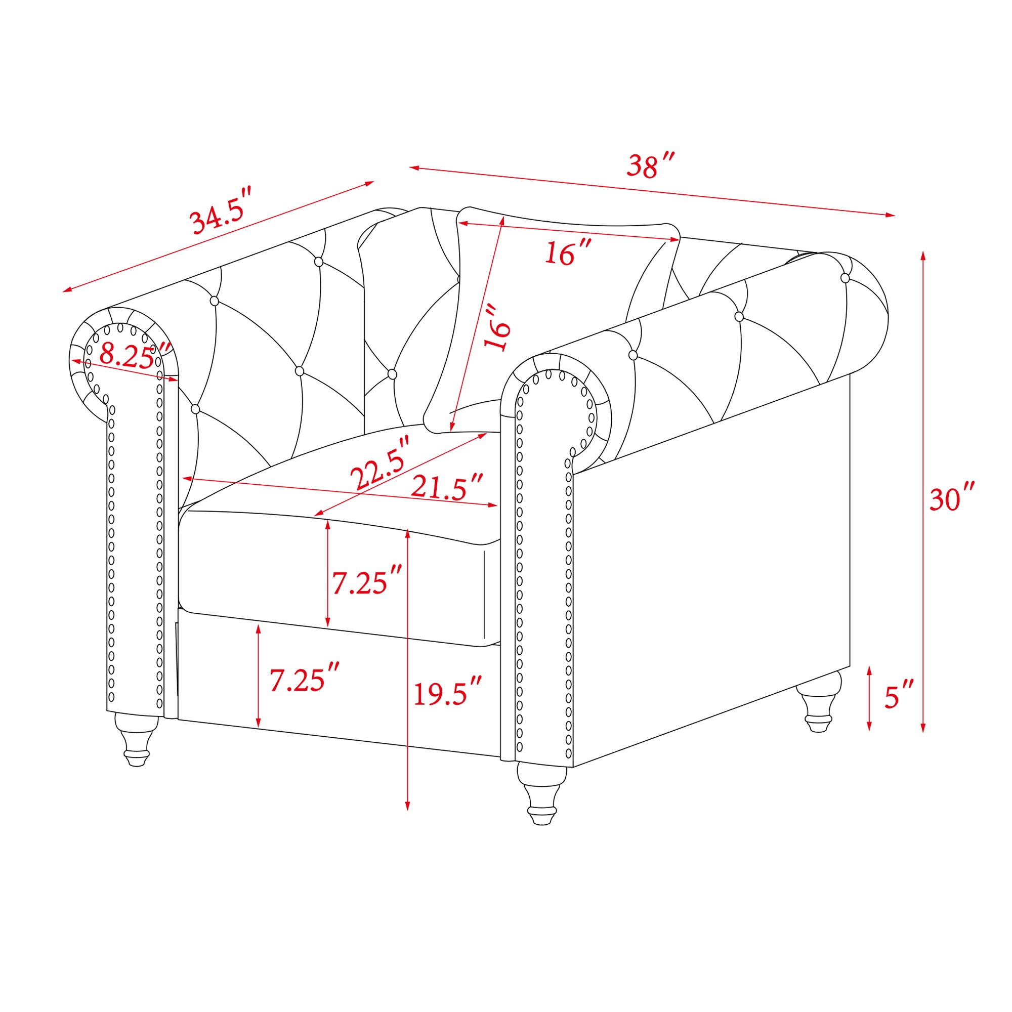 Contemporary Style Sofa Chair with Button and Copper Nail Details with Pillow- Blue_9