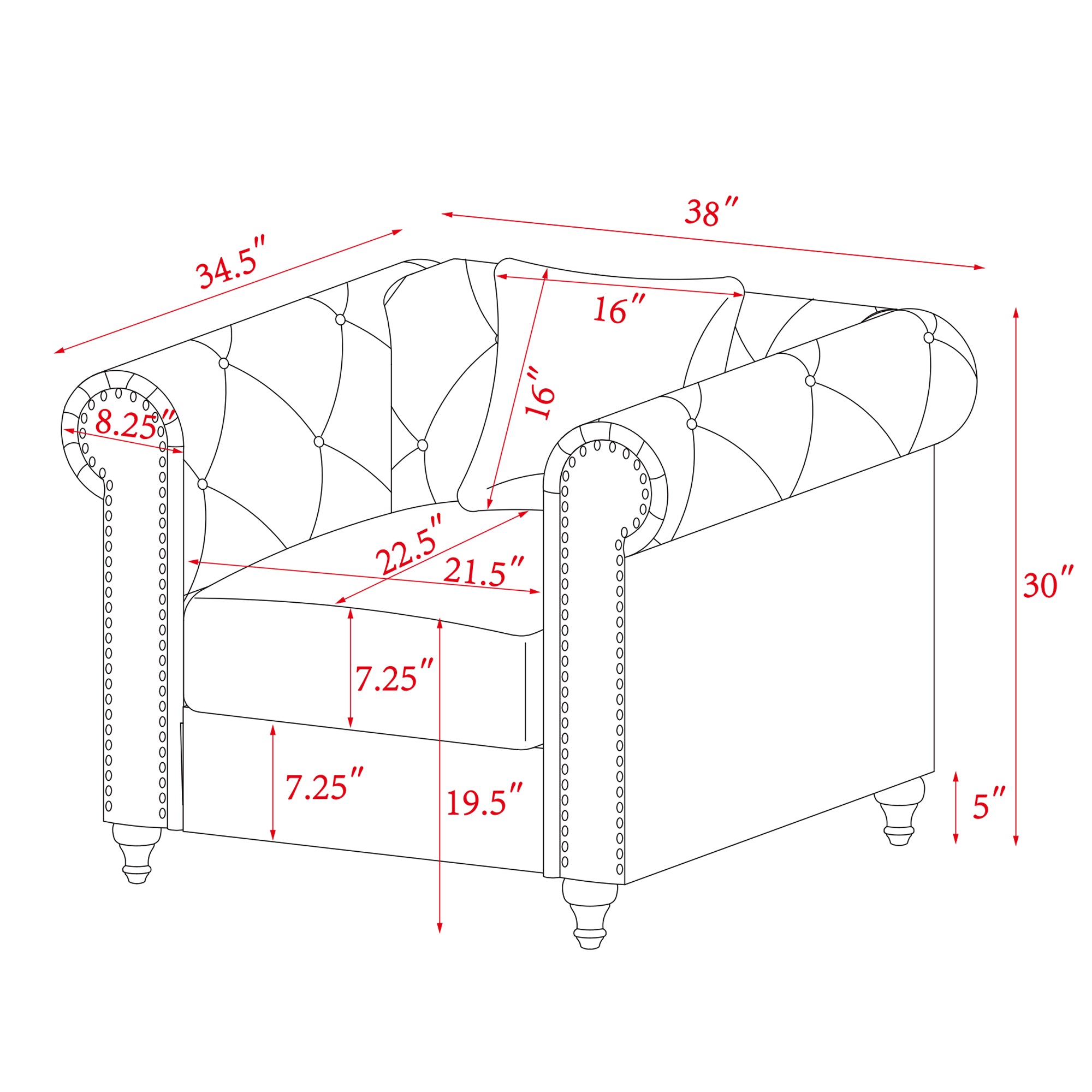 Contemporary Style Sofa Chair with Button and Copper Nail Details with Pillow- Grey_11