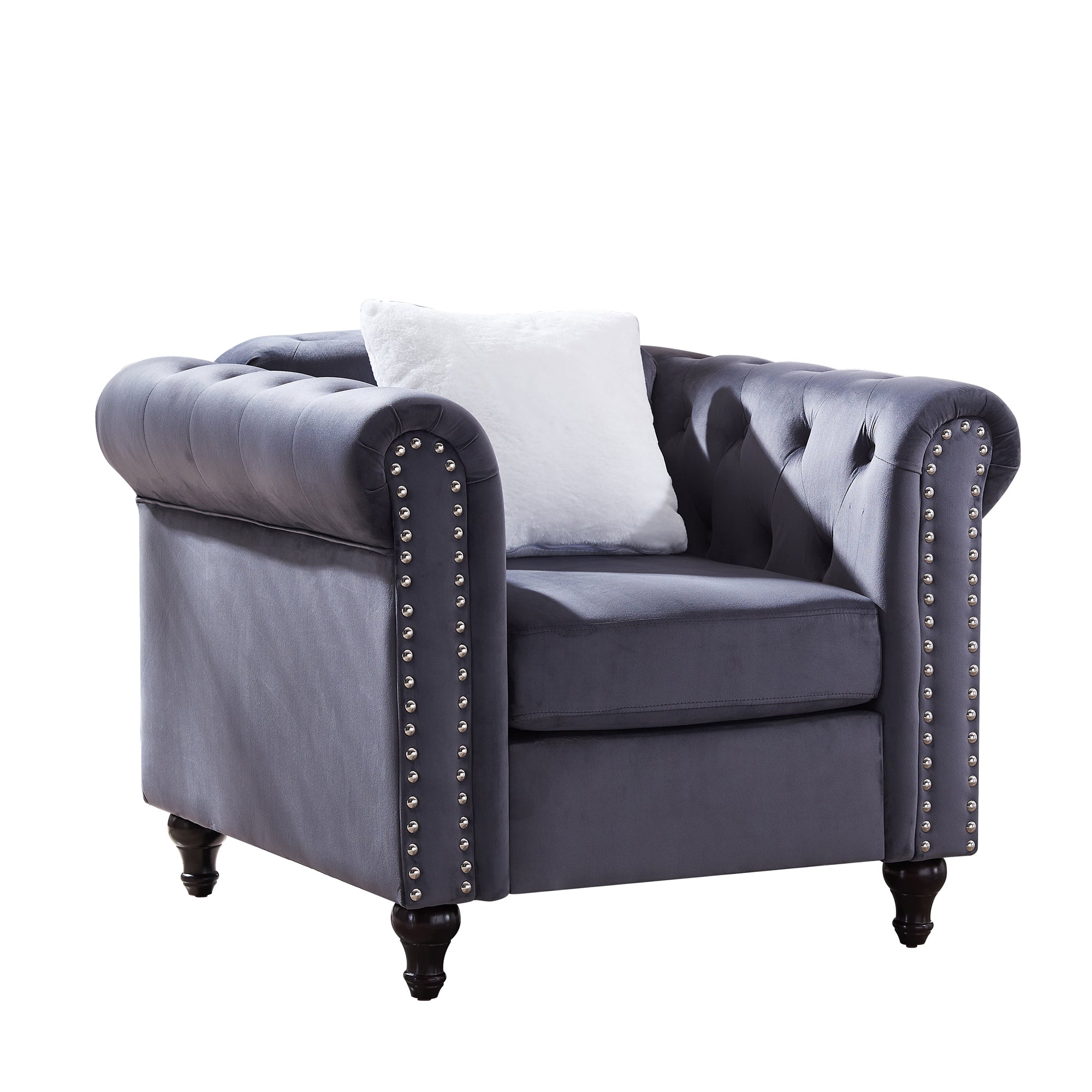 Contemporary Style Sofa Chair with Button and Copper Nail Details with Pillow- Grey_3