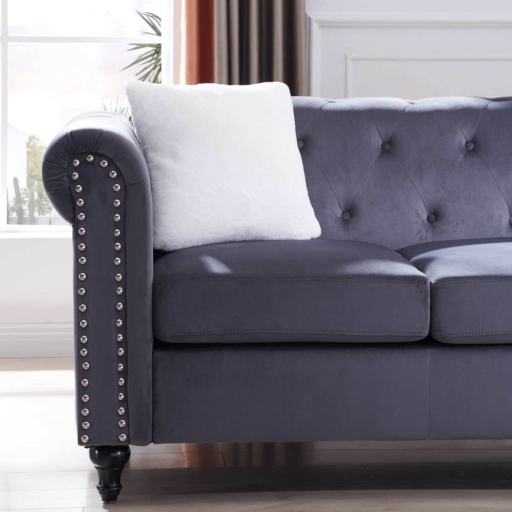 Contemporary Style Sofa Chair with Button and Copper Nail Details with Pillow- Grey_4
