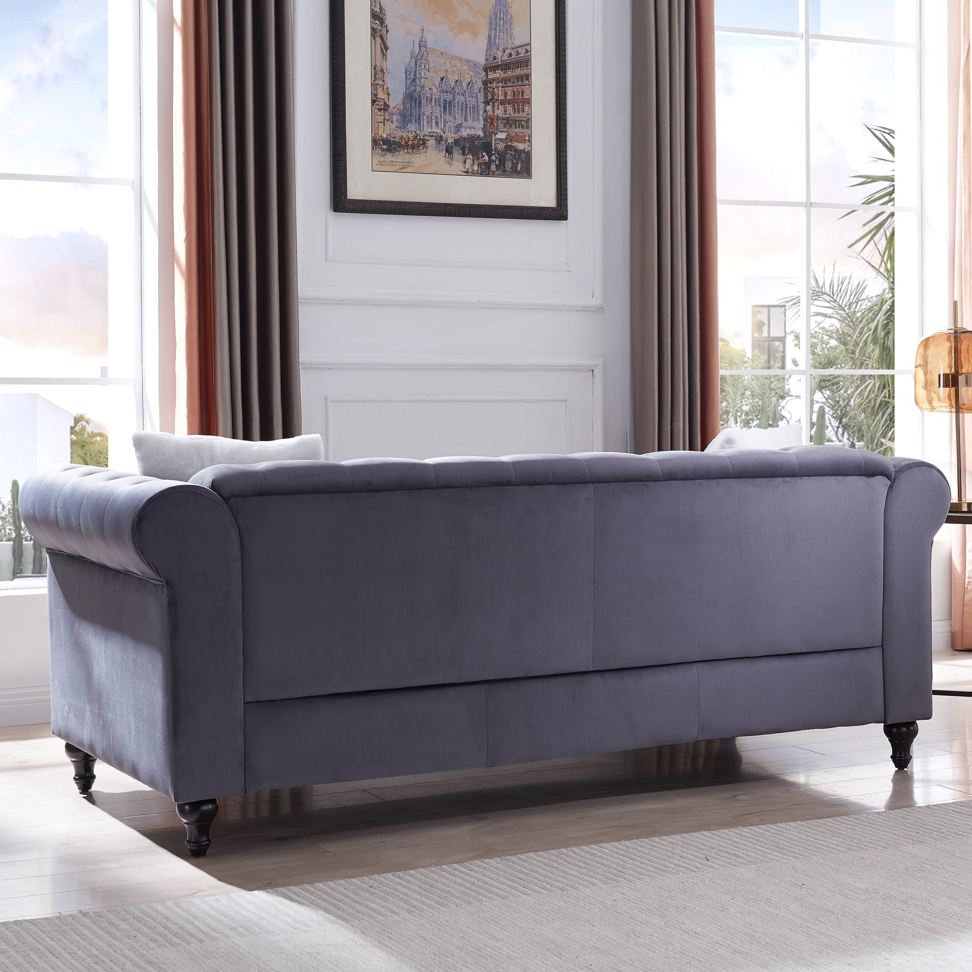 Contemporary Style Sofa Chair with Button and Copper Nail Details with Pillow- Grey_7