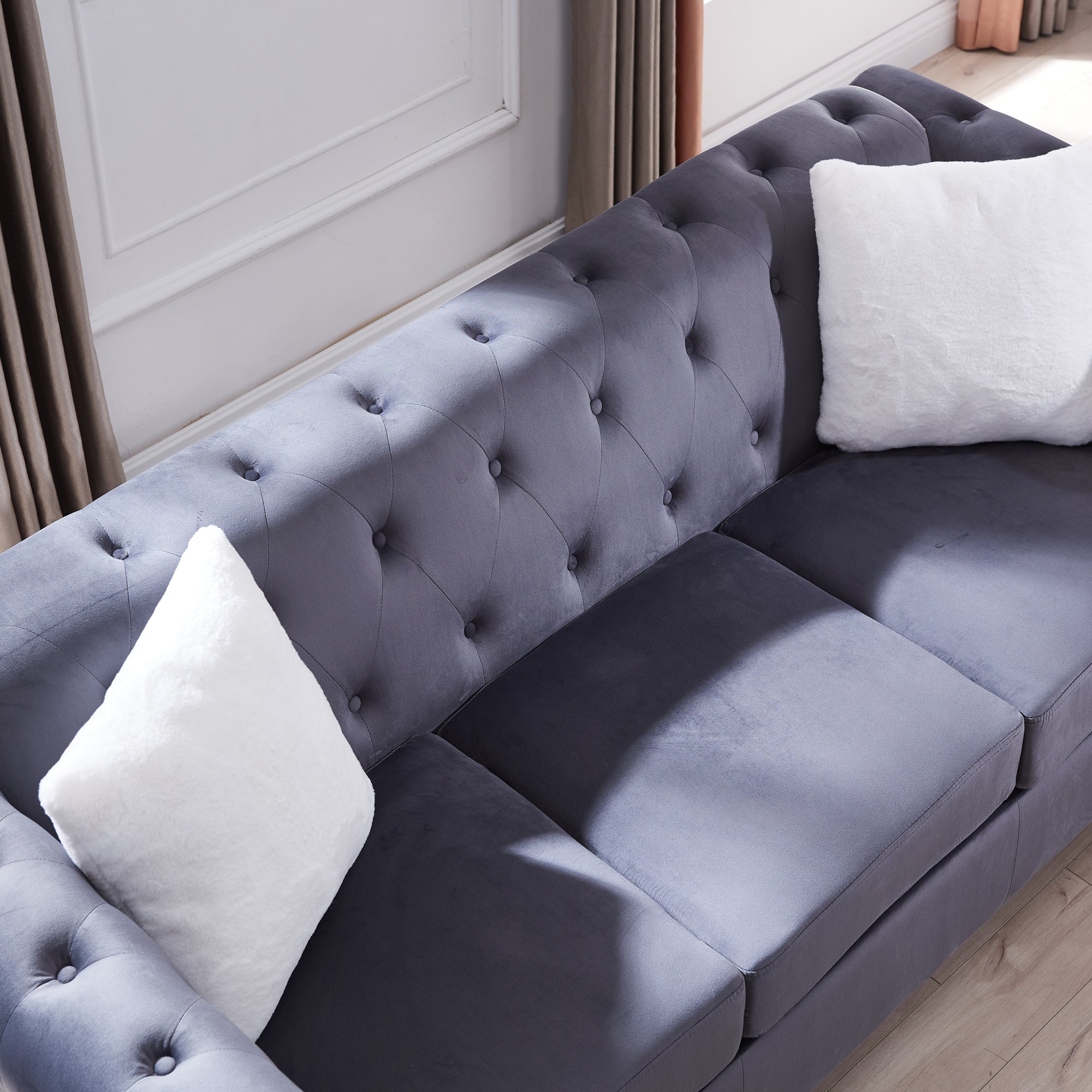 Contemporary Style Sofa Chair with Button and Copper Nail Details with Pillow- Grey_9