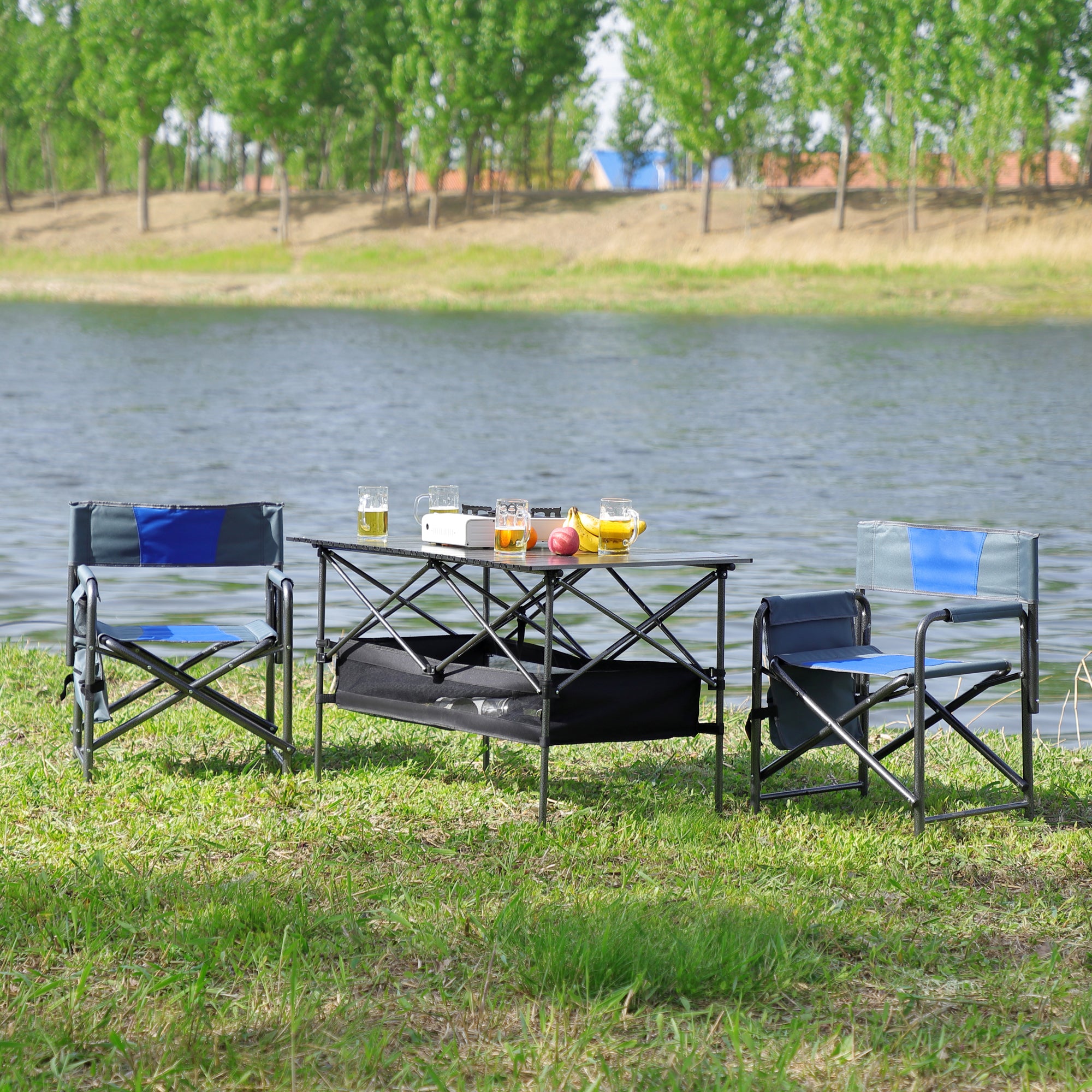 Set of 3 Outdoor Roll up Table and Folding Chair Set Portable Camping Set in Blue_2