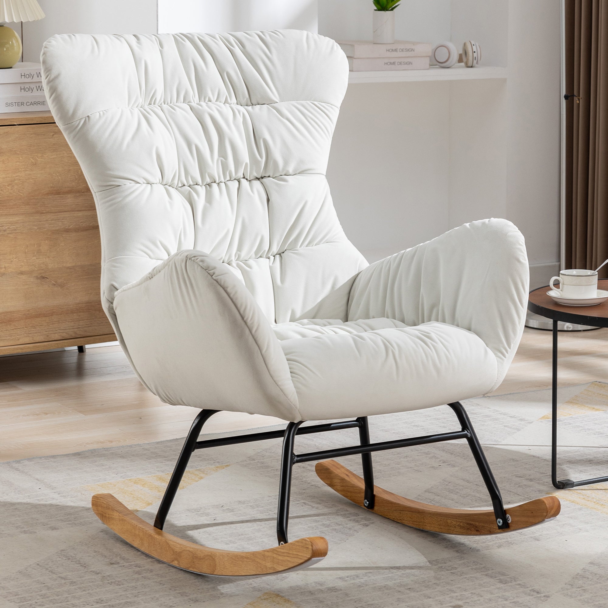 Modern Velvet Fabric Rocking Chair Accent Armchair with Wooden Legs- Ivory_2