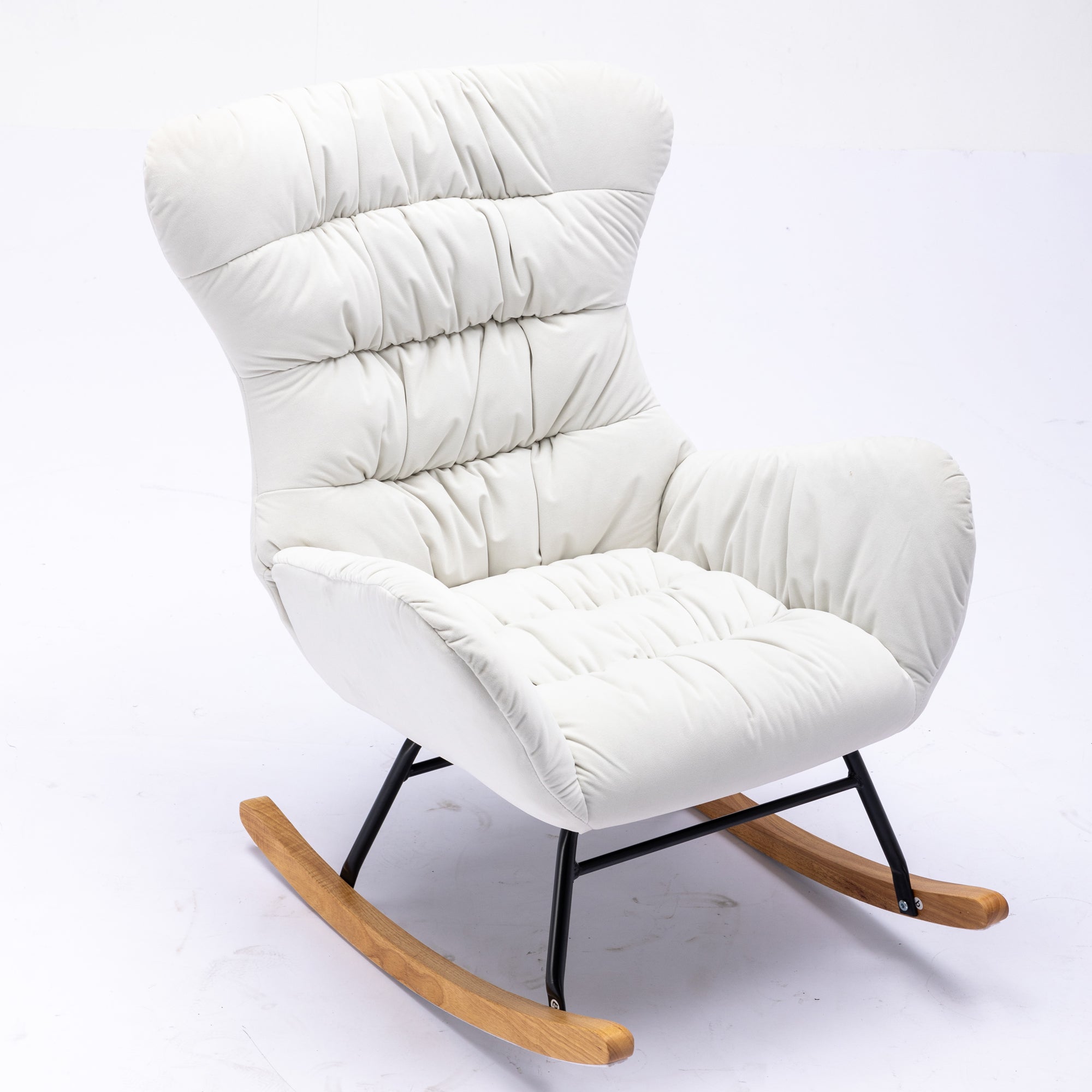 Modern Velvet Fabric Rocking Chair Accent Armchair with Wooden Legs- Ivory_11