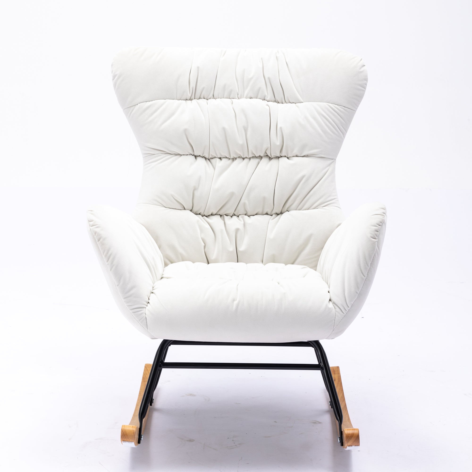 Modern Velvet Fabric Rocking Chair Accent Armchair with Wooden Legs- Ivory_12