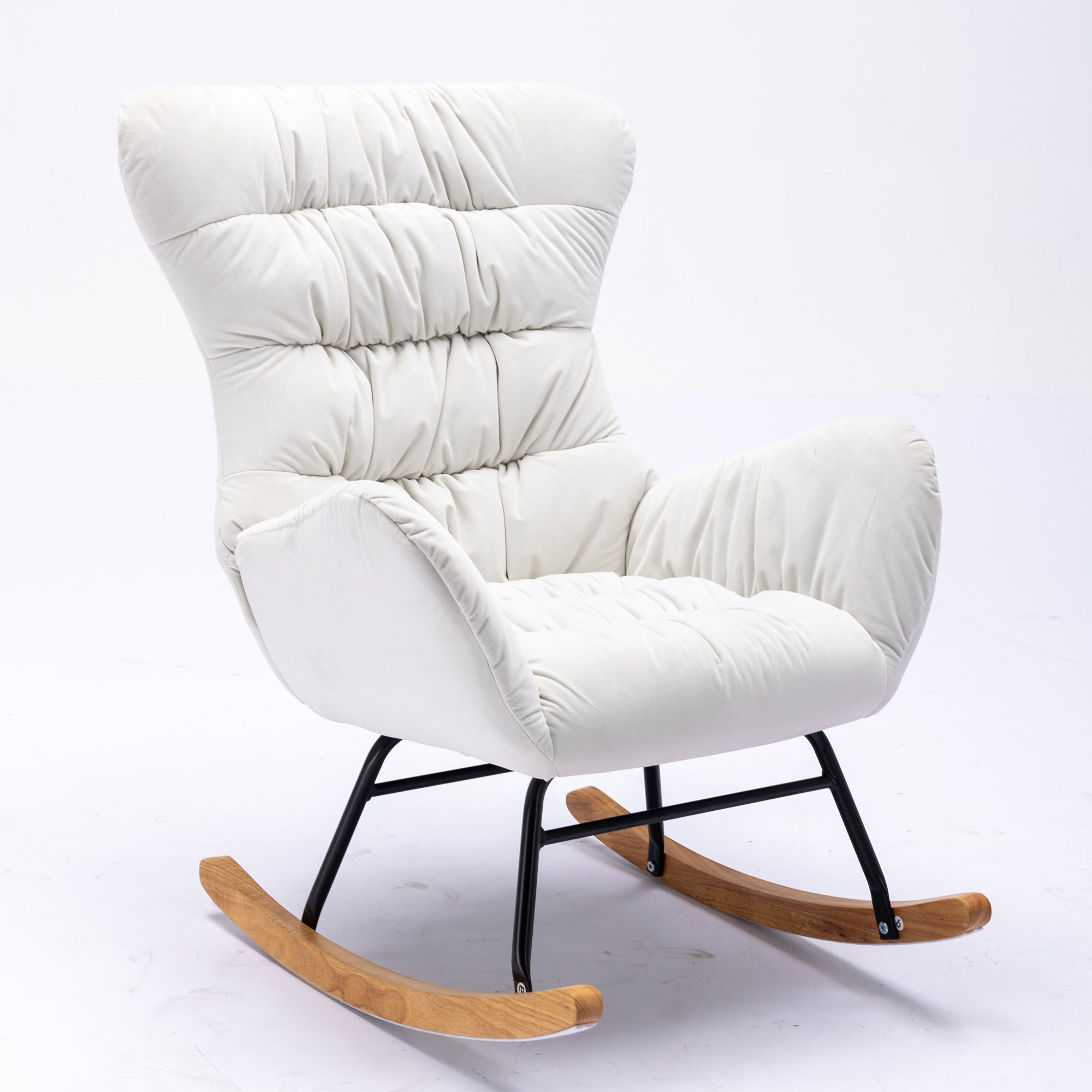 Modern Velvet Fabric Rocking Chair Accent Armchair with Wooden Legs- Ivory_13