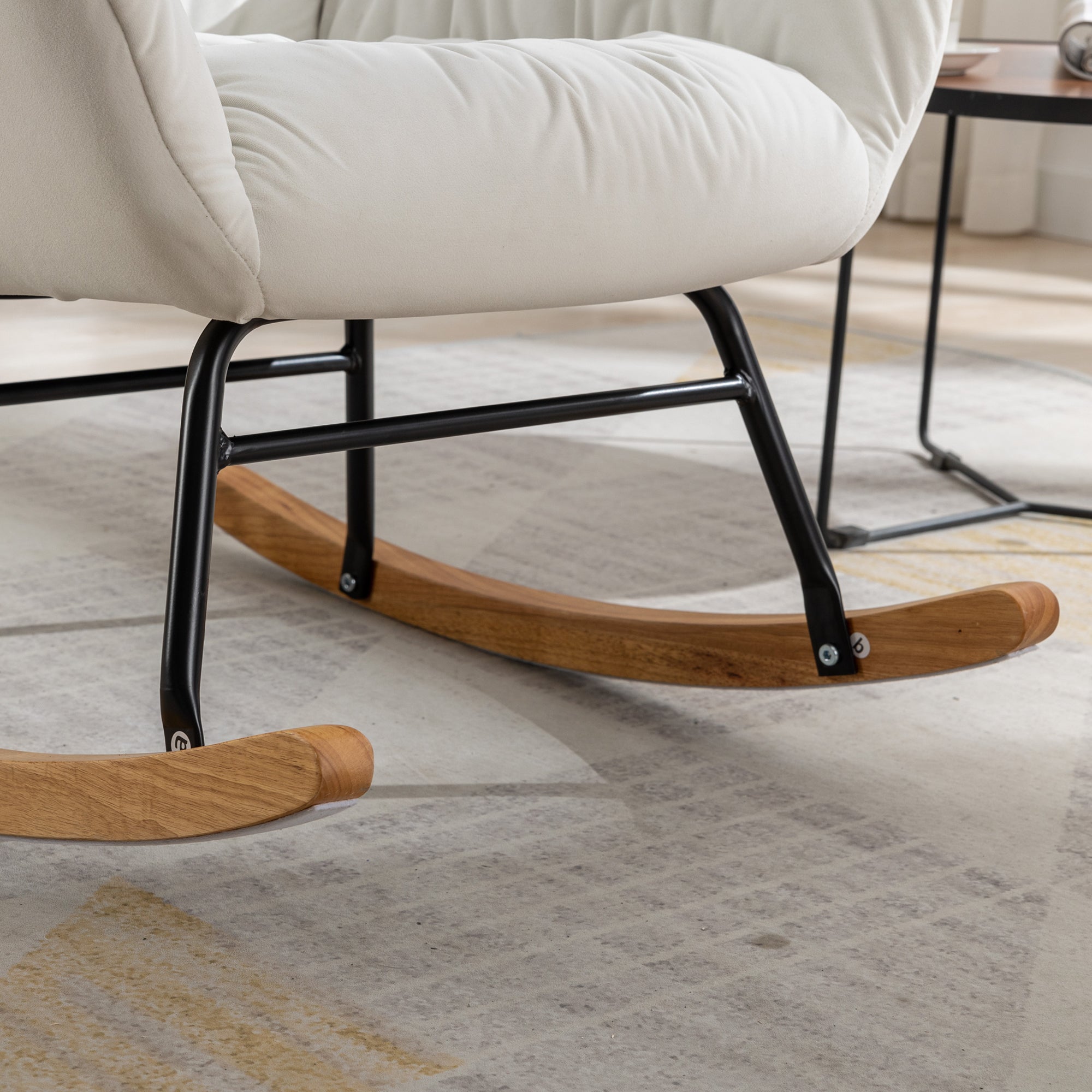 Modern Velvet Fabric Rocking Chair Accent Armchair with Wooden Legs- Ivory_14