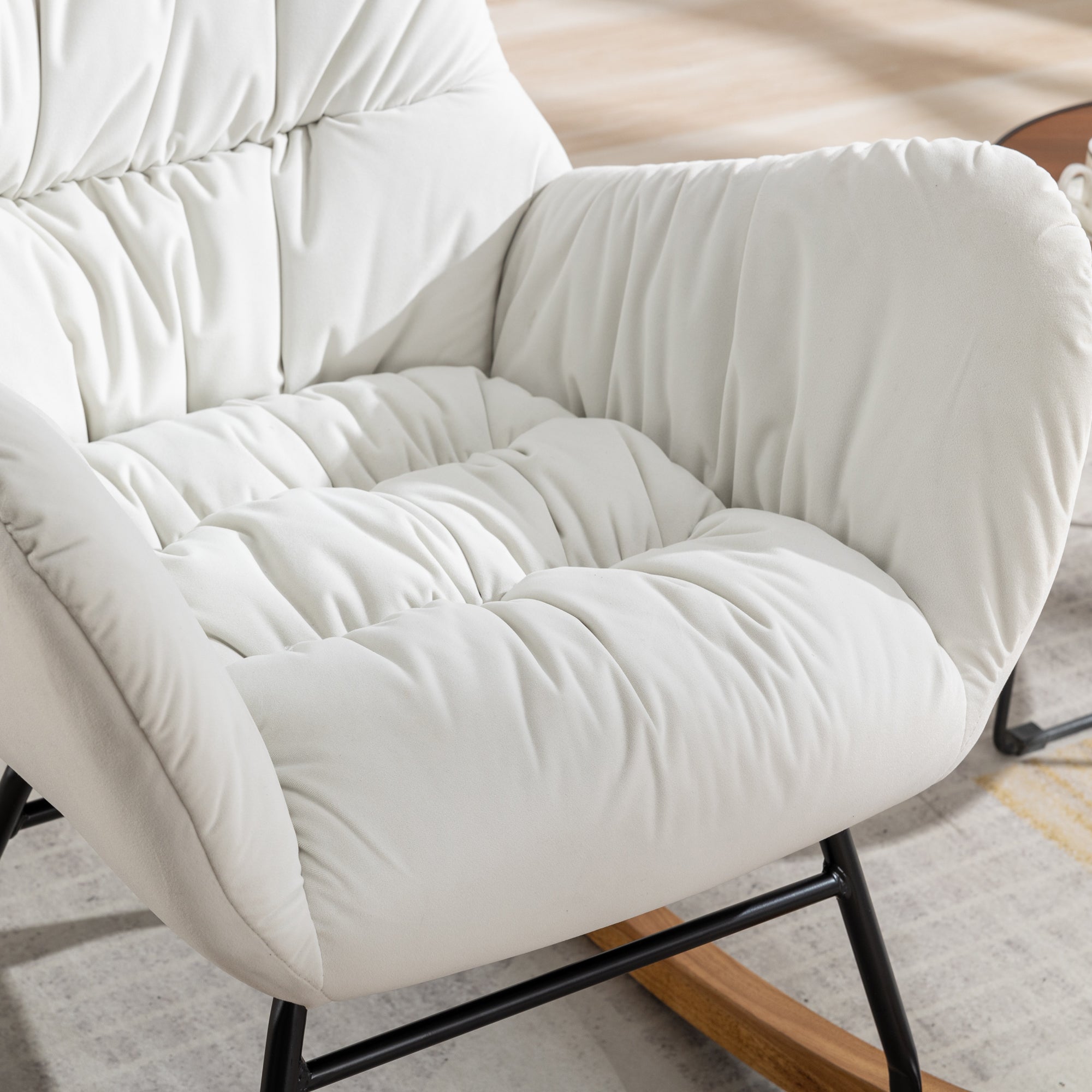 Modern Velvet Fabric Rocking Chair Accent Armchair with Wooden Legs- Ivory_15