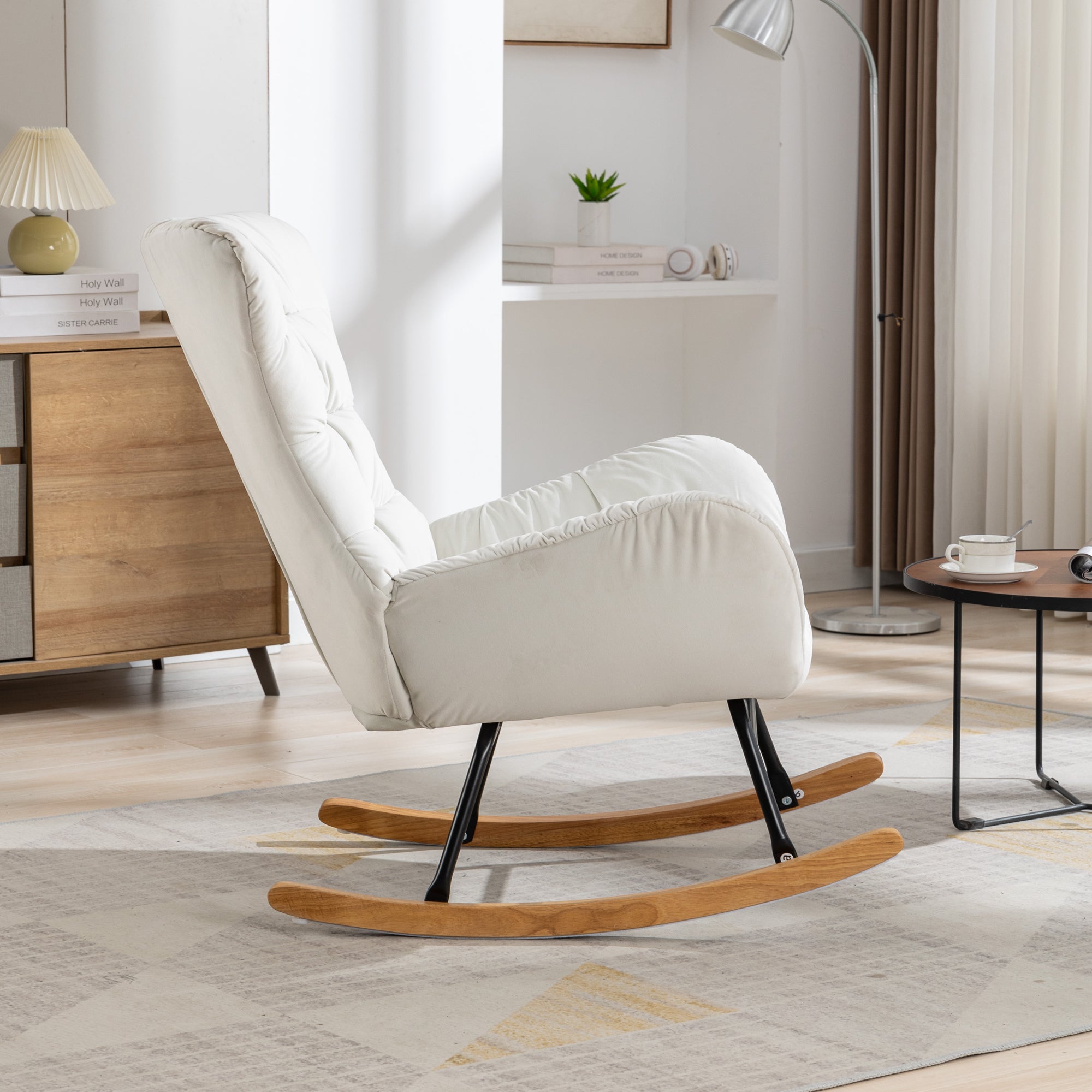 Modern Velvet Fabric Rocking Chair Accent Armchair with Wooden Legs- Ivory_16