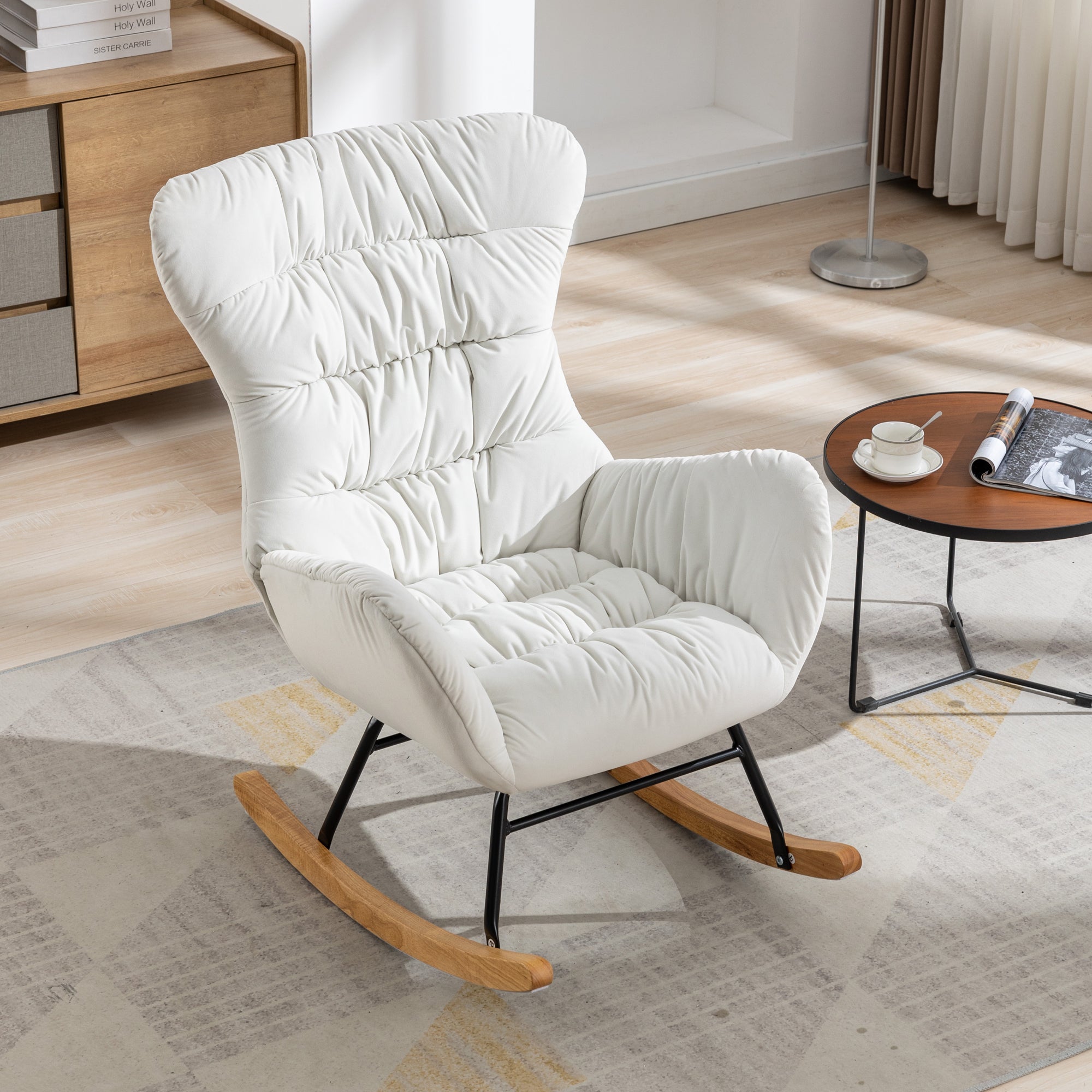 Modern Velvet Fabric Rocking Chair Accent Armchair with Wooden Legs- Ivory_17