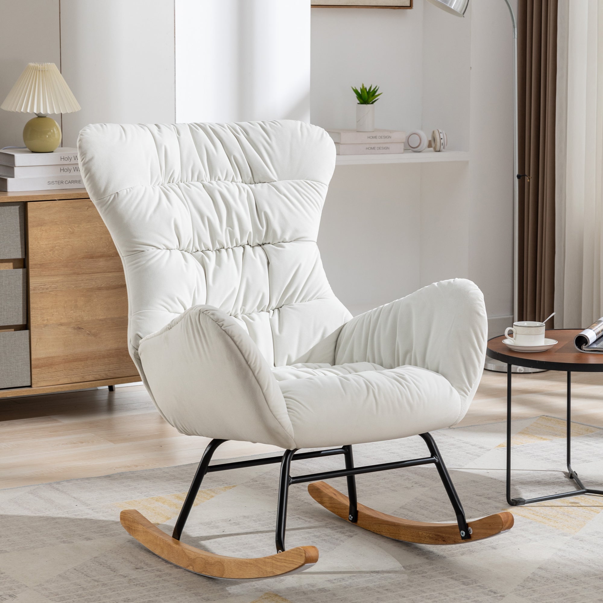 Modern Velvet Fabric Rocking Chair Accent Armchair with Wooden Legs- Ivory_19