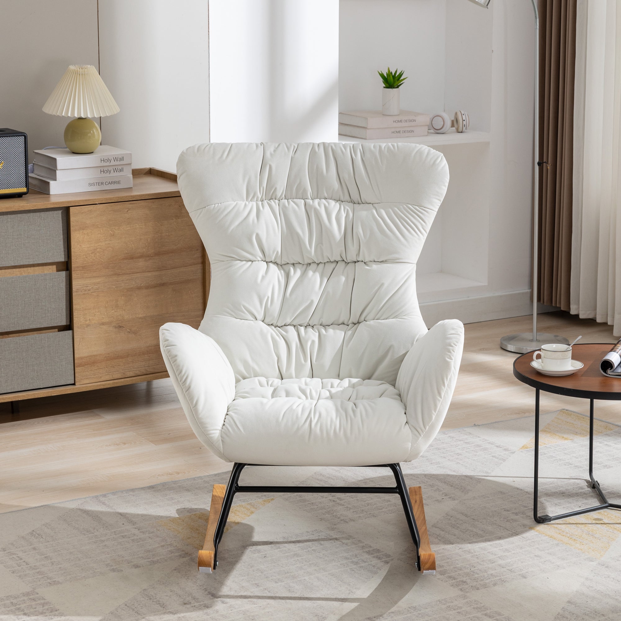 Modern Velvet Fabric Rocking Chair Accent Armchair with Wooden Legs- Ivory_3