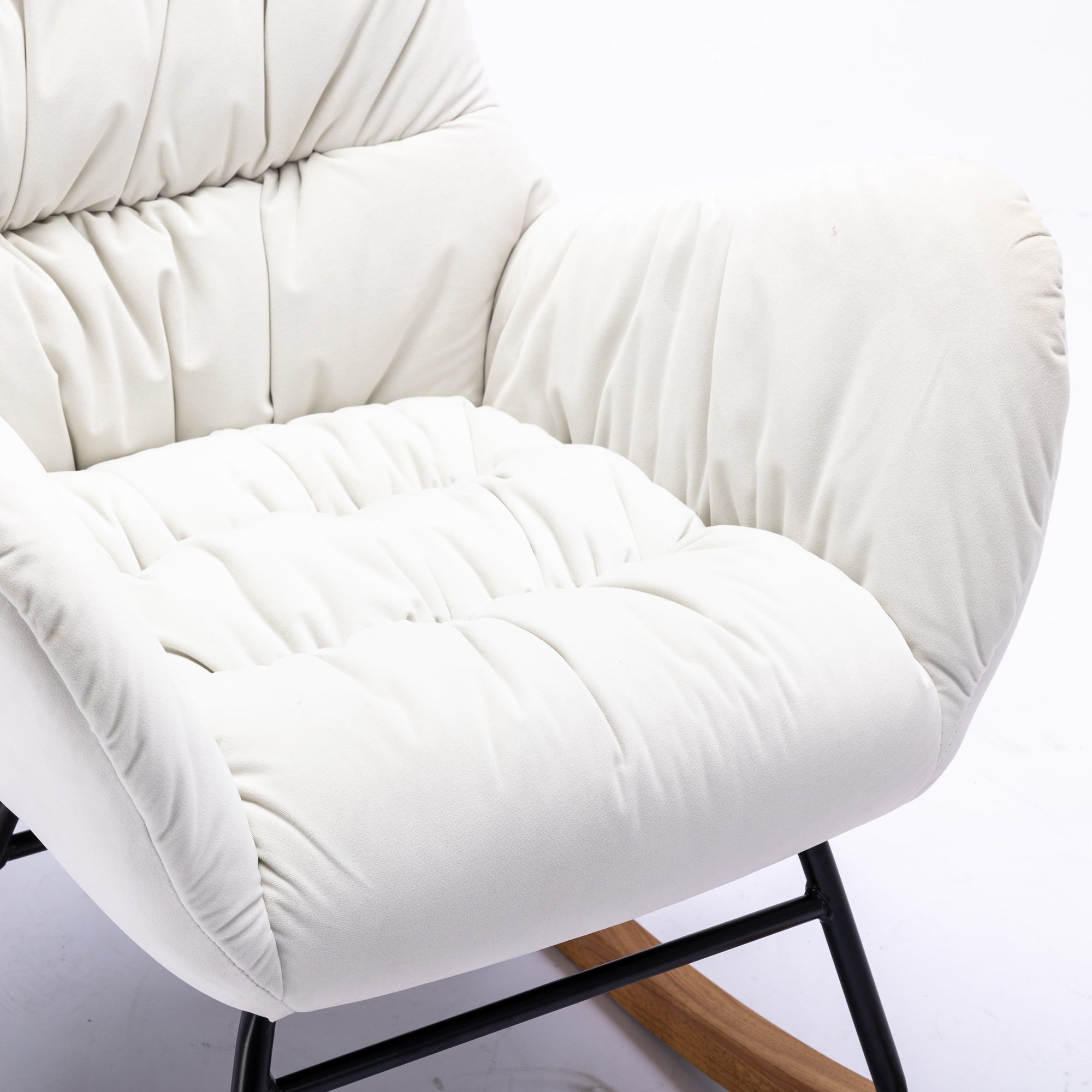 Modern Velvet Fabric Rocking Chair Accent Armchair with Wooden Legs- Ivory_8