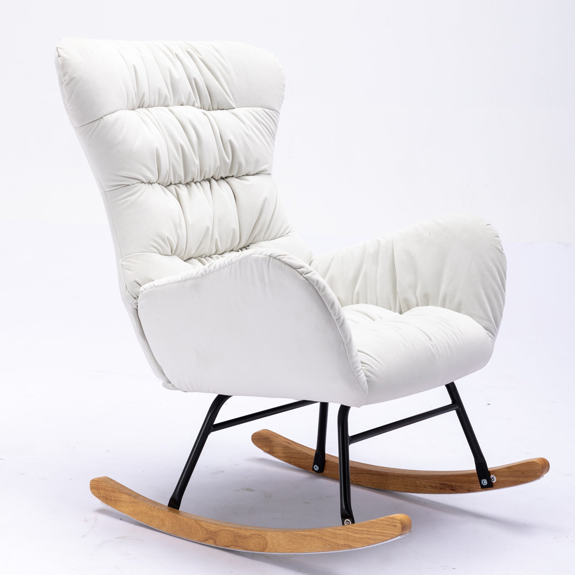 Modern Velvet Fabric Rocking Chair Accent Armchair with Wooden Legs- Ivory_10