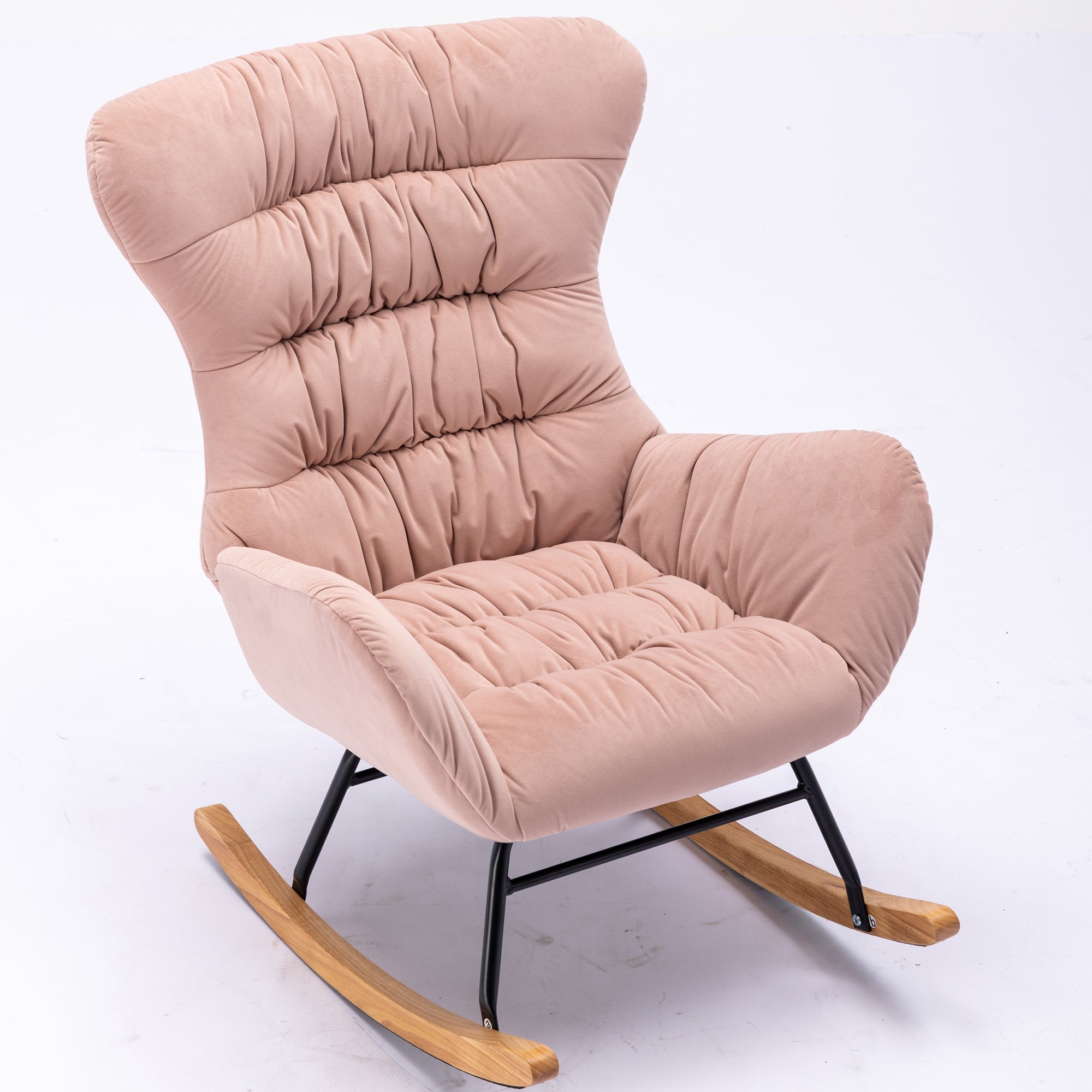 Modern Velvet Fabric Rocking Chair Accent Armchair with Wooden Legs- Pink_11