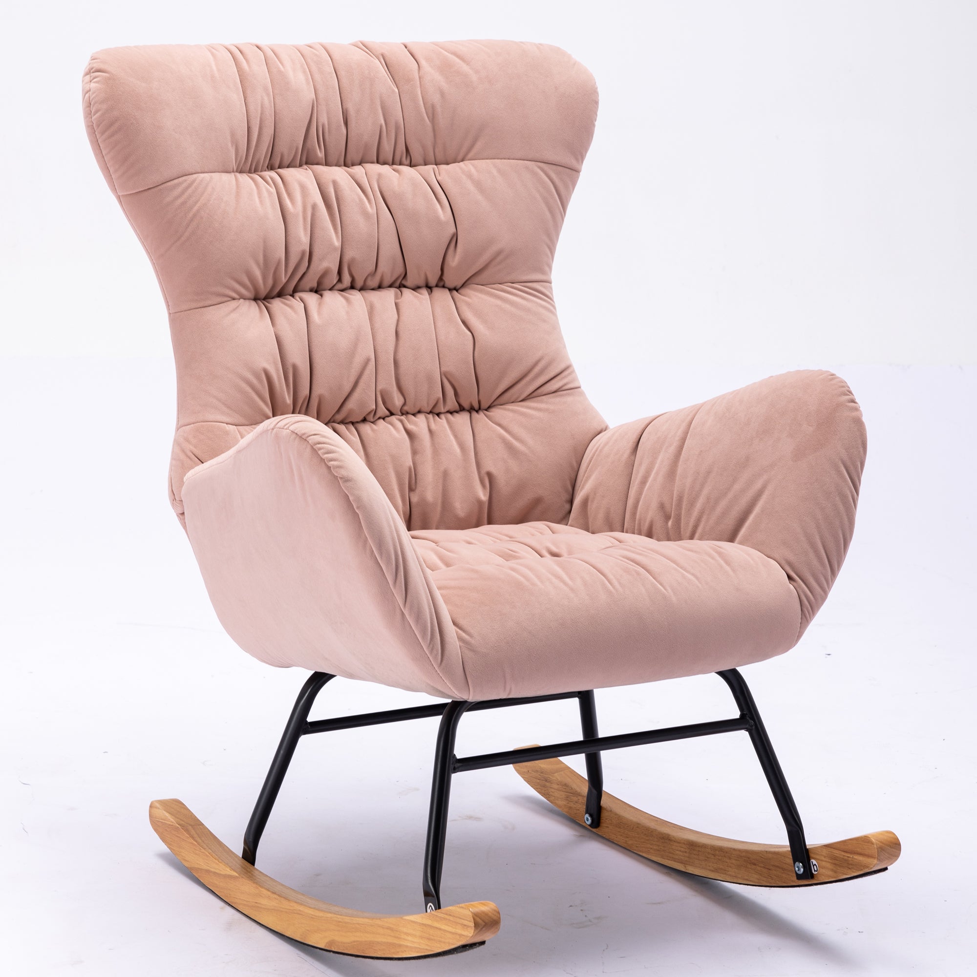 Modern Velvet Fabric Rocking Chair Accent Armchair with Wooden Legs- Pink_12