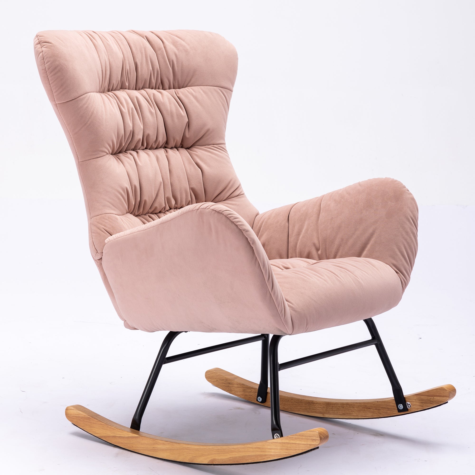 Modern Velvet Fabric Rocking Chair Accent Armchair with Wooden Legs- Pink_14