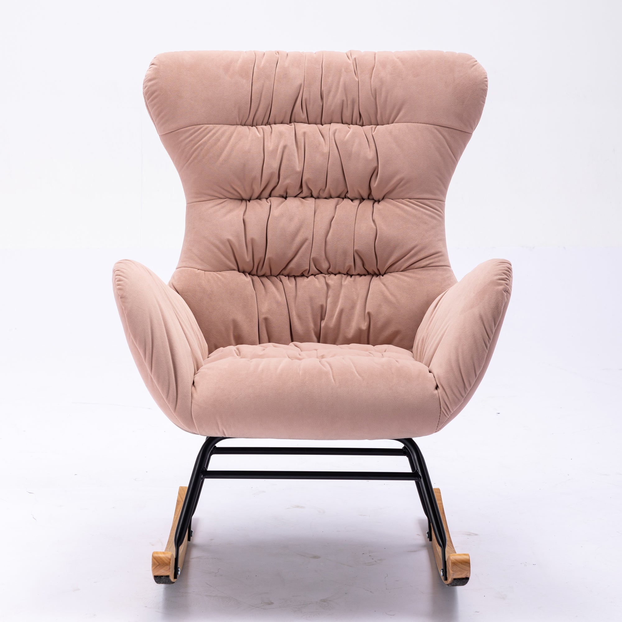 Modern Velvet Fabric Rocking Chair Accent Armchair with Wooden Legs- Pink_15