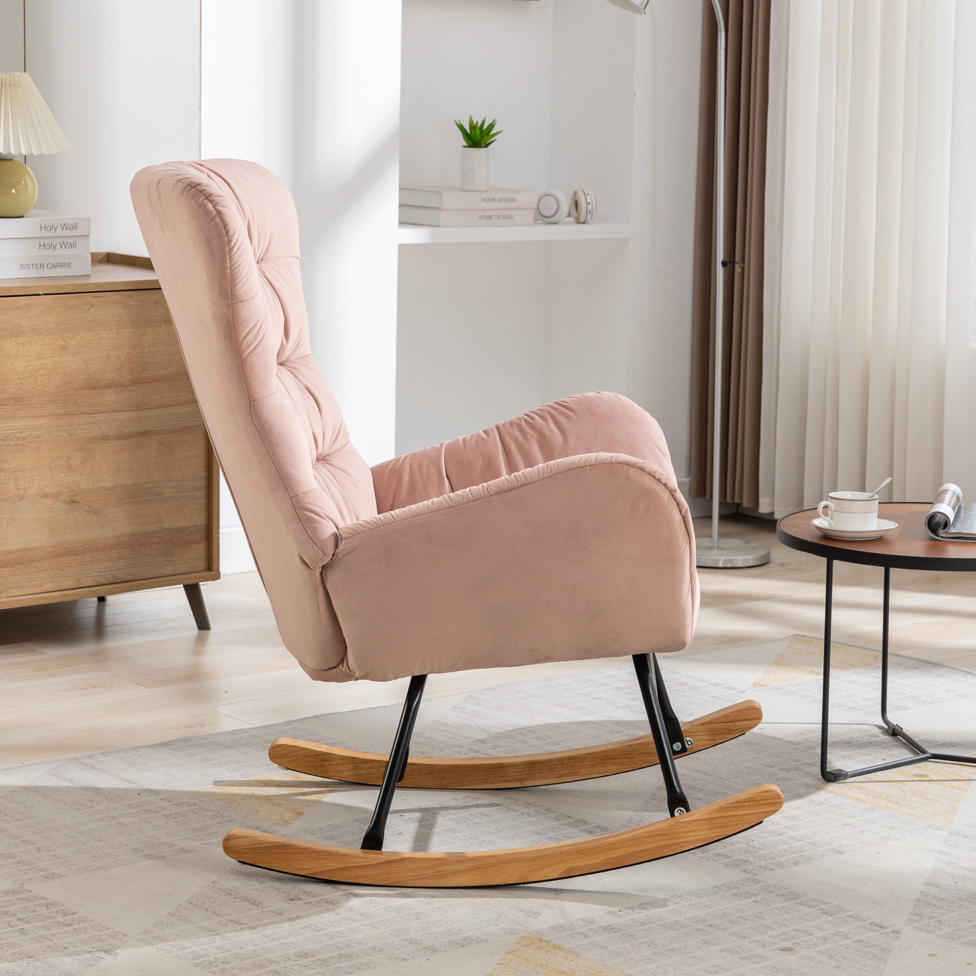 Modern Velvet Fabric Rocking Chair Accent Armchair with Wooden Legs- Pink_17
